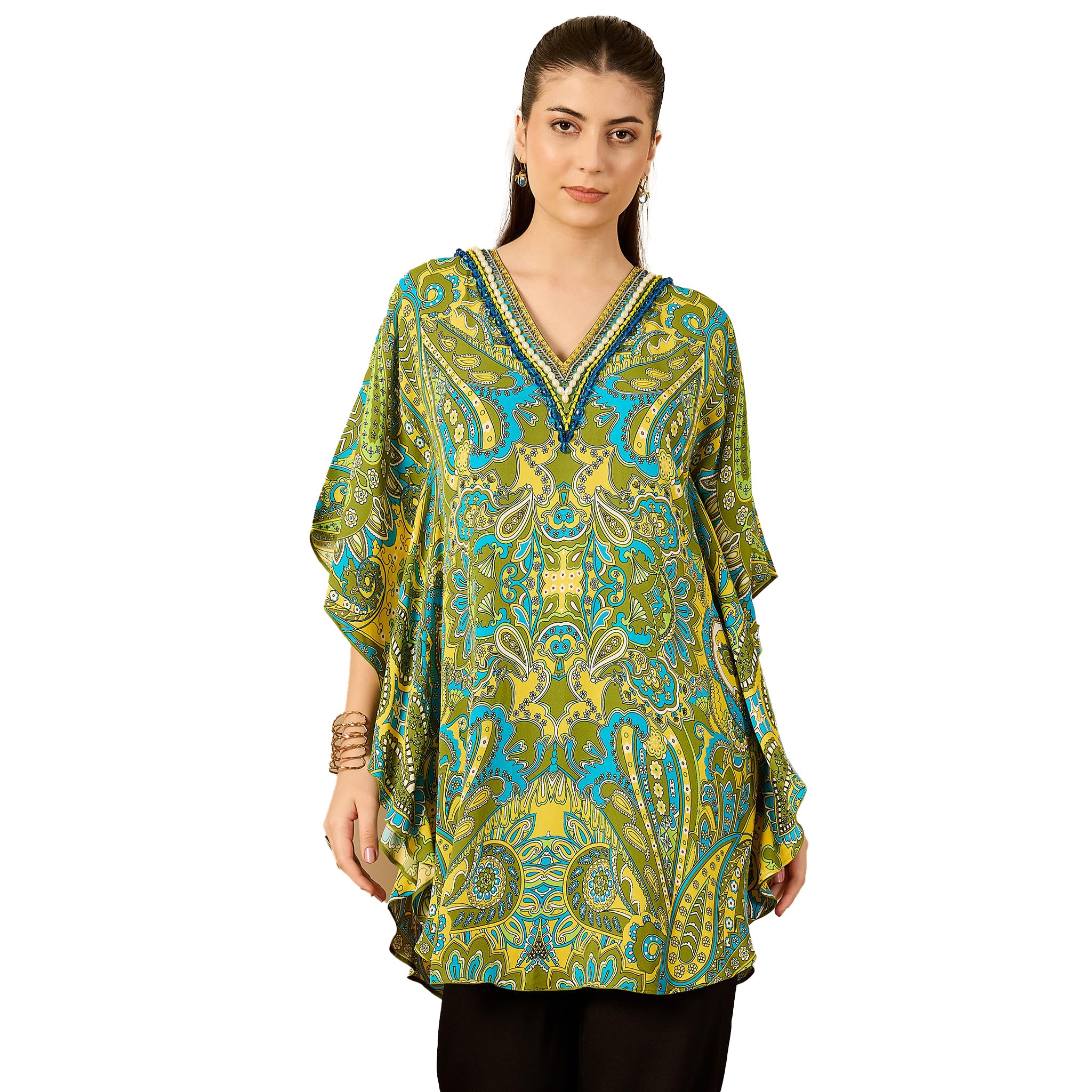 Olive Green and Yellow Paisley Tunic in Double Viscose Georgette for Women by Ramola Bachchan-image-35