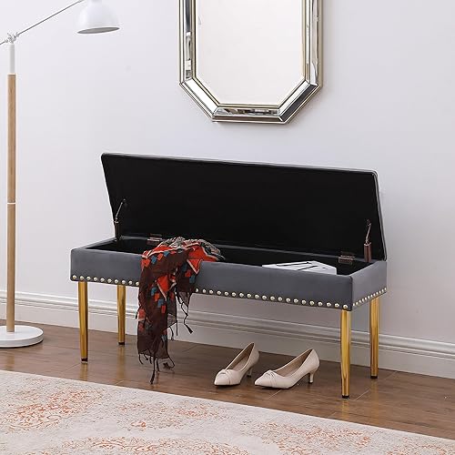 Miniatura 6 de Linique Juego de bancos de almacenamiento, bancos combinados 2 en 1 con ribete de cabeza de clavo, elegante otomana tapizada de terciopelo con