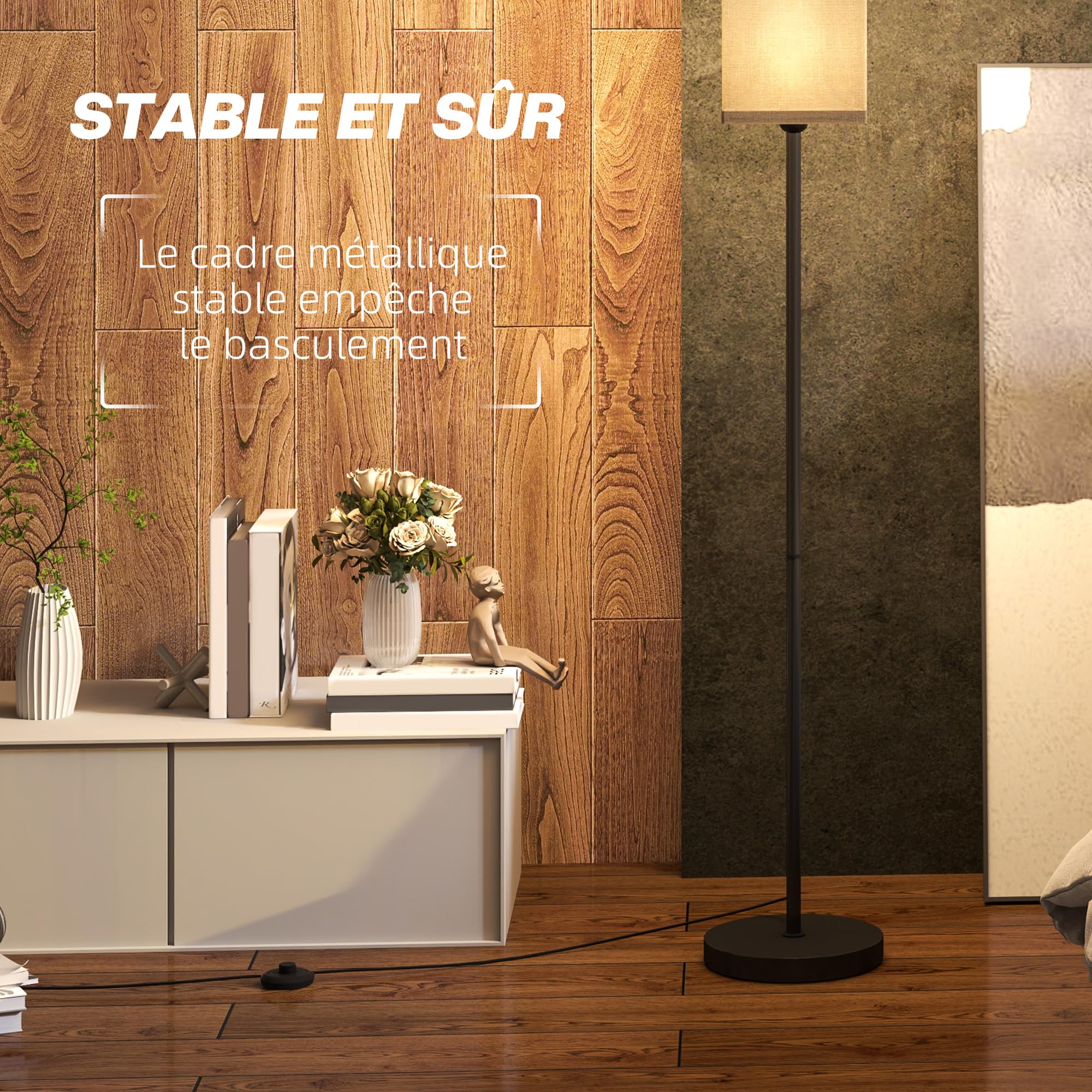 HOMCOM Lampadaire sur pied salon, lampe salon sur pied, avec abat-jour beige effet lin, interrupteur, pour chambre à coucher, noir