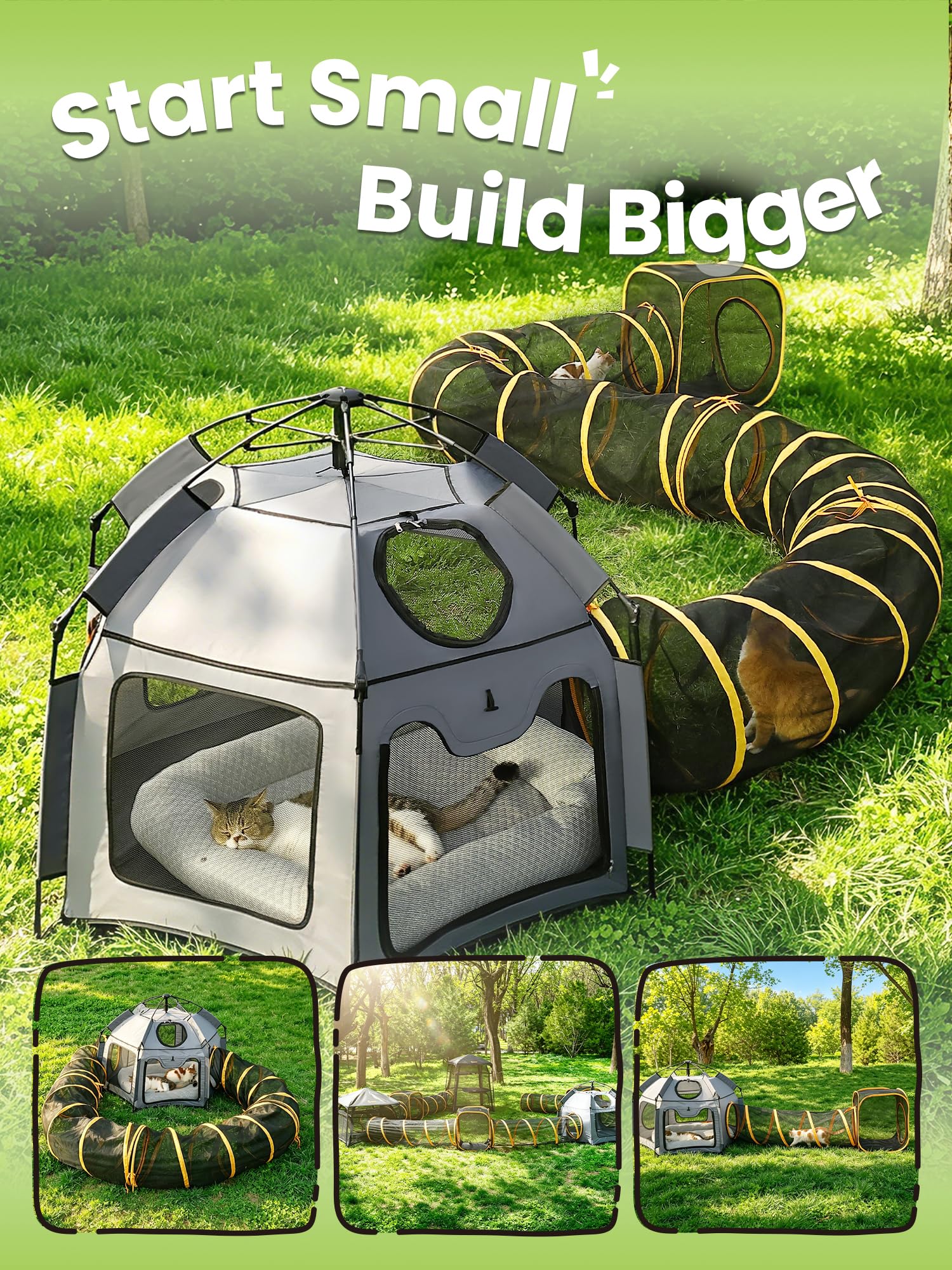 Rywell Extra Großes Katzengehege Outdoor & Indoor – 6-eckiges Katzenhaus mit 1-Sekunden-Aufbau, Faltbar & Tragbar, 360° Belüftung, Abnehmbarer Schatten- und Regenschutz für Katzen