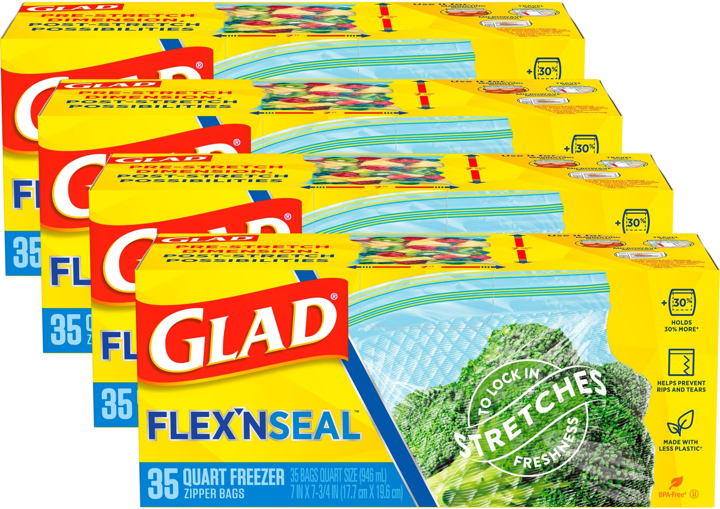 GladFlex'N Seal Freezer Storage Plastic Bags, Quart, 35 Count, Pack of 4 (Package May Vary)