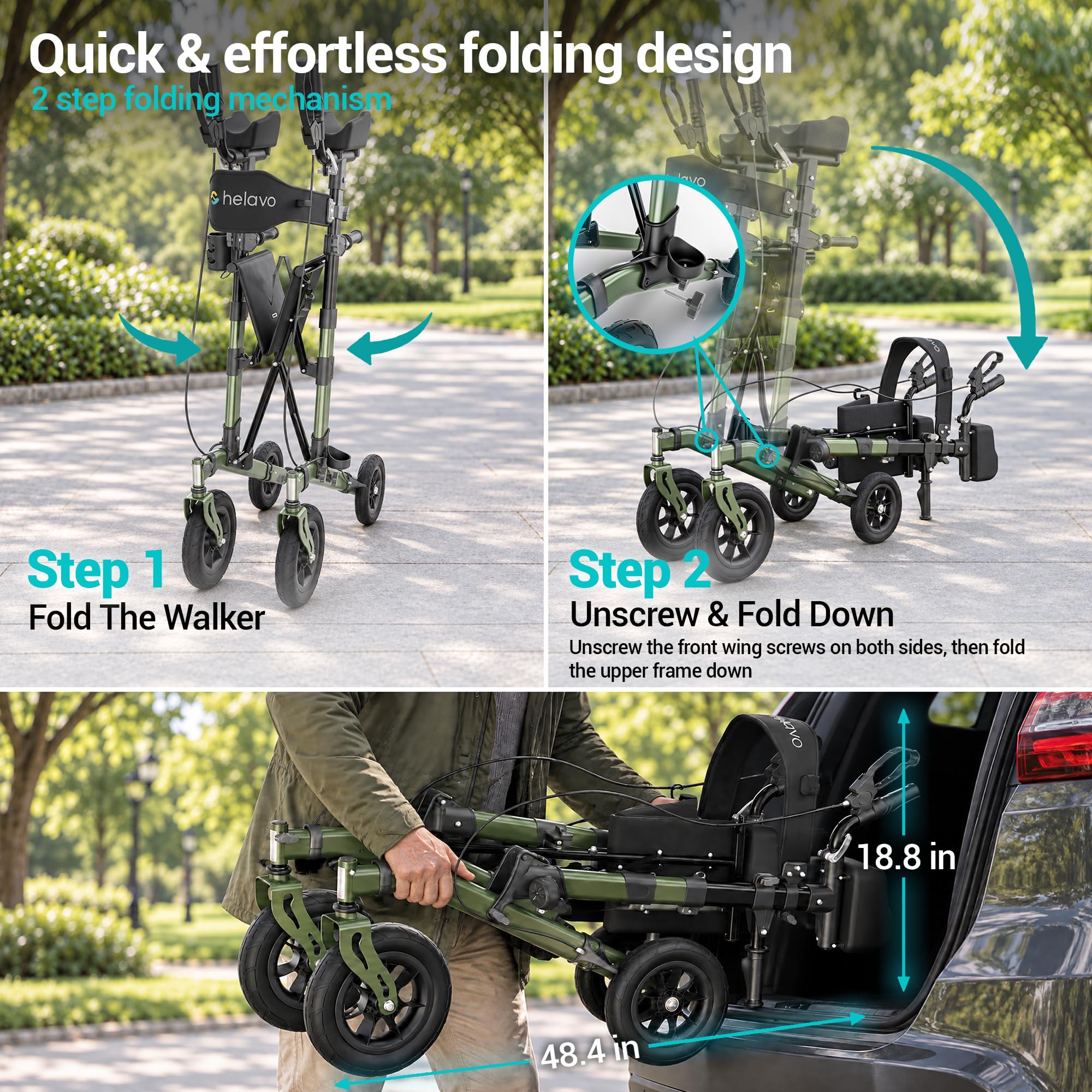Helavo Upright Walker with Seat, Foldable Stand Up Walker with Rubber Tires — Amazon image 4