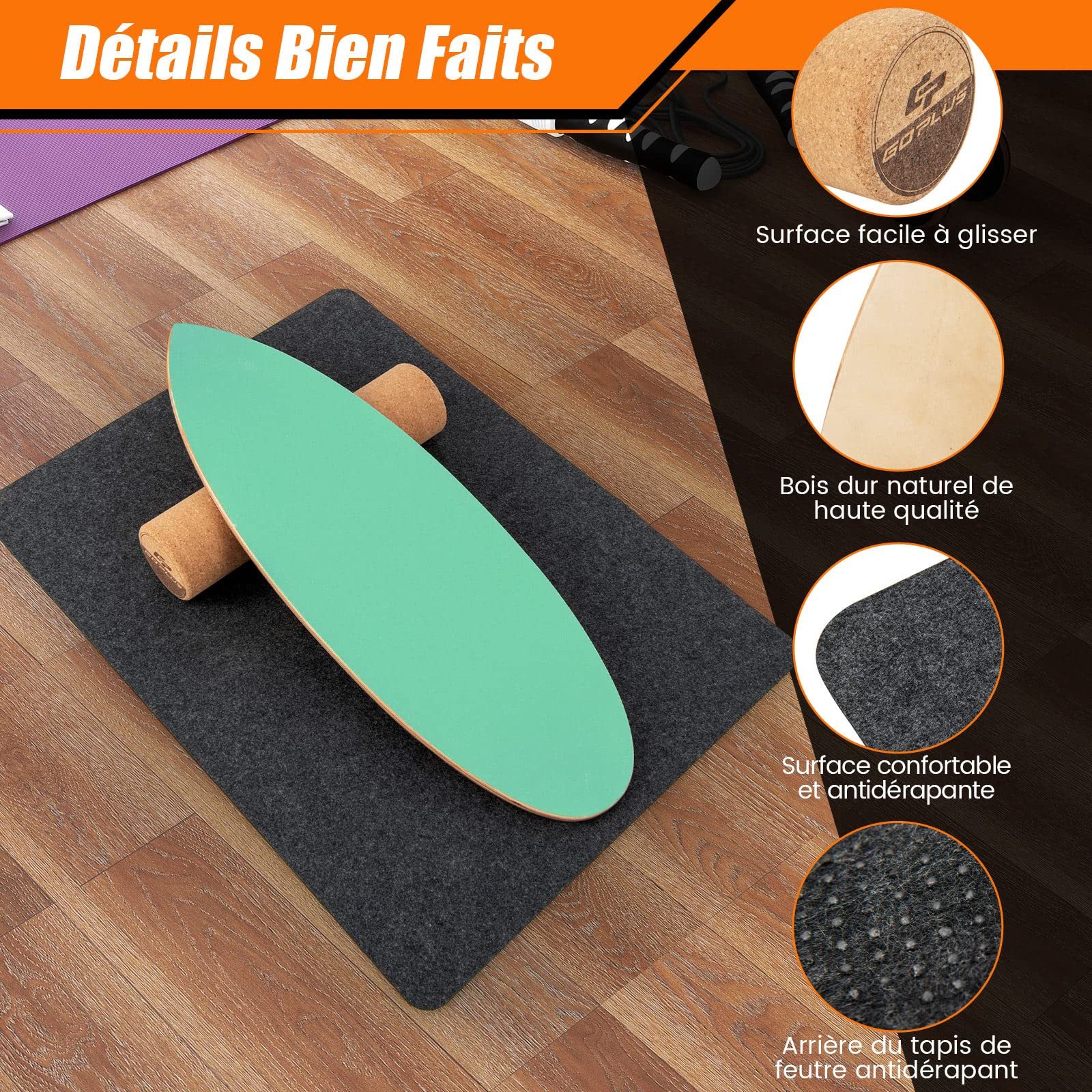 COSTWAY Planche d’Équilibre en Bois avec Rouleau