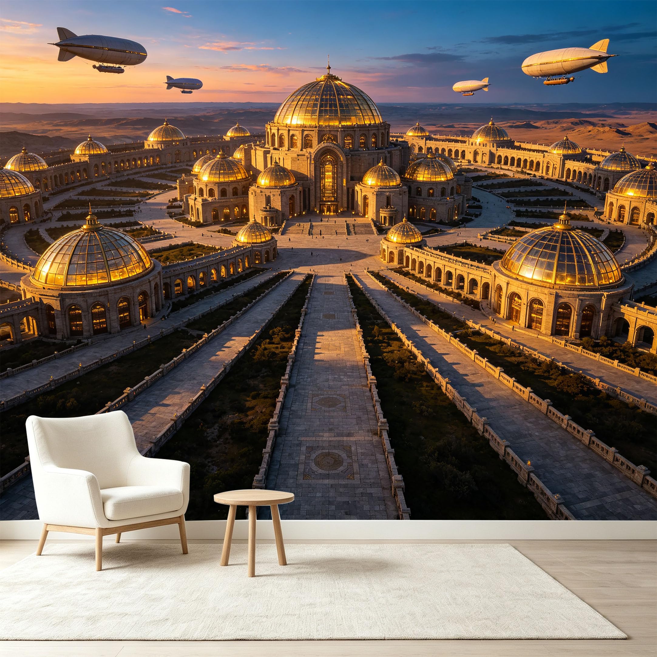 Custom Size Wall Murals Golden Palace Sunset Sky Airships Futuristic Architecture 3D Trompe L'Oeil Self-Adhesive Wall Fabric Removable Wallpaper Wall Decor for Living Room Bedroom Bathroom