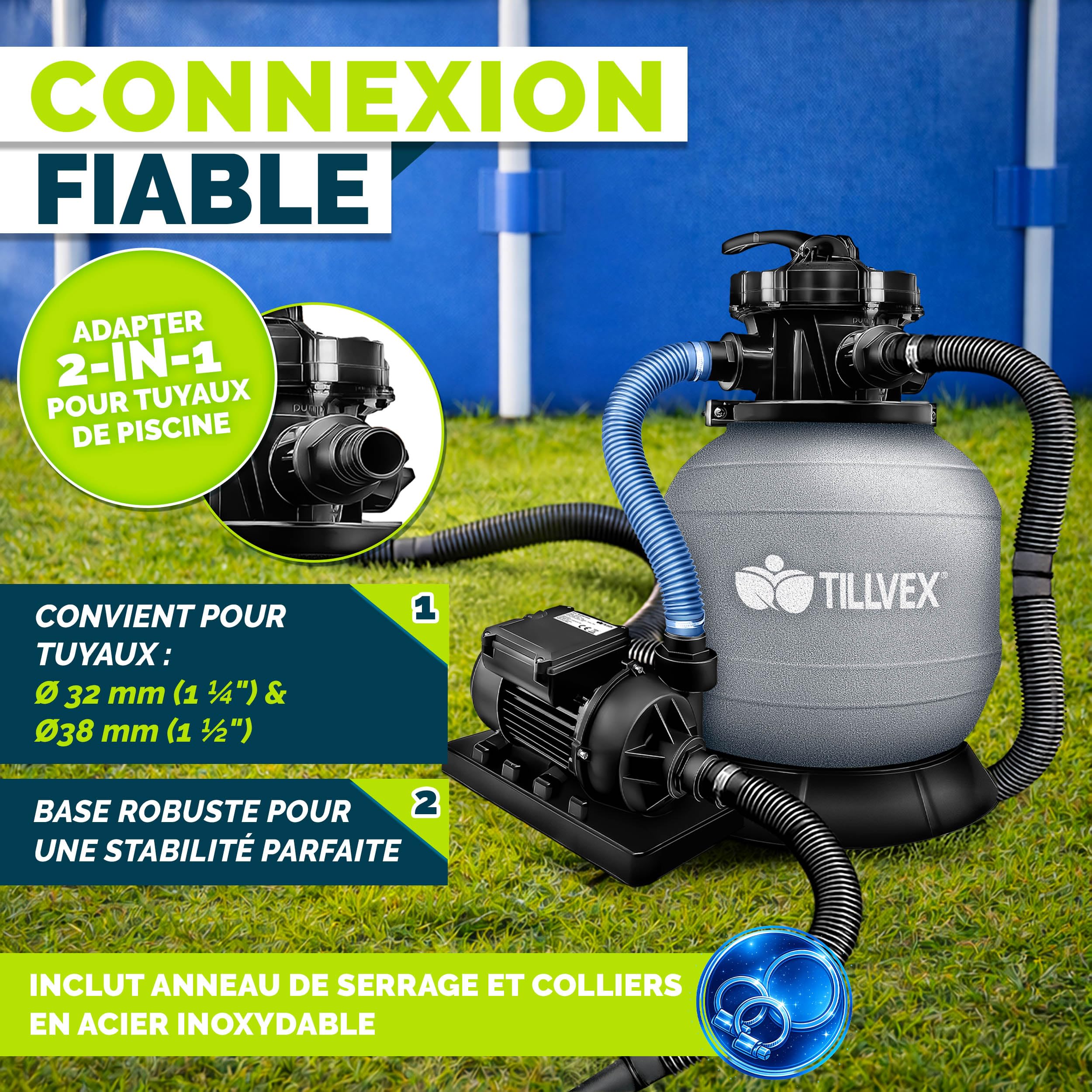 tillvex® Système de Filtre à Sable 7.900L/h + 400g Boules de Filtre | 7 Fonctions de Filtration & Adaptateur 2en1 Ø32-38mm | Filtre de piscine avec indicateur de pression (Gris)