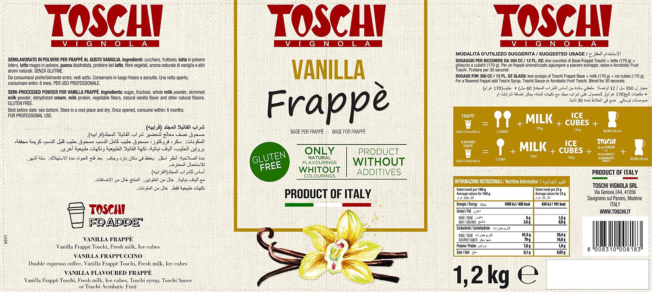 Frappè alla Vaniglia Toschi, base in polvere 1,2 Kg per la preparazione di 25/50 Bicchieri di Frappè