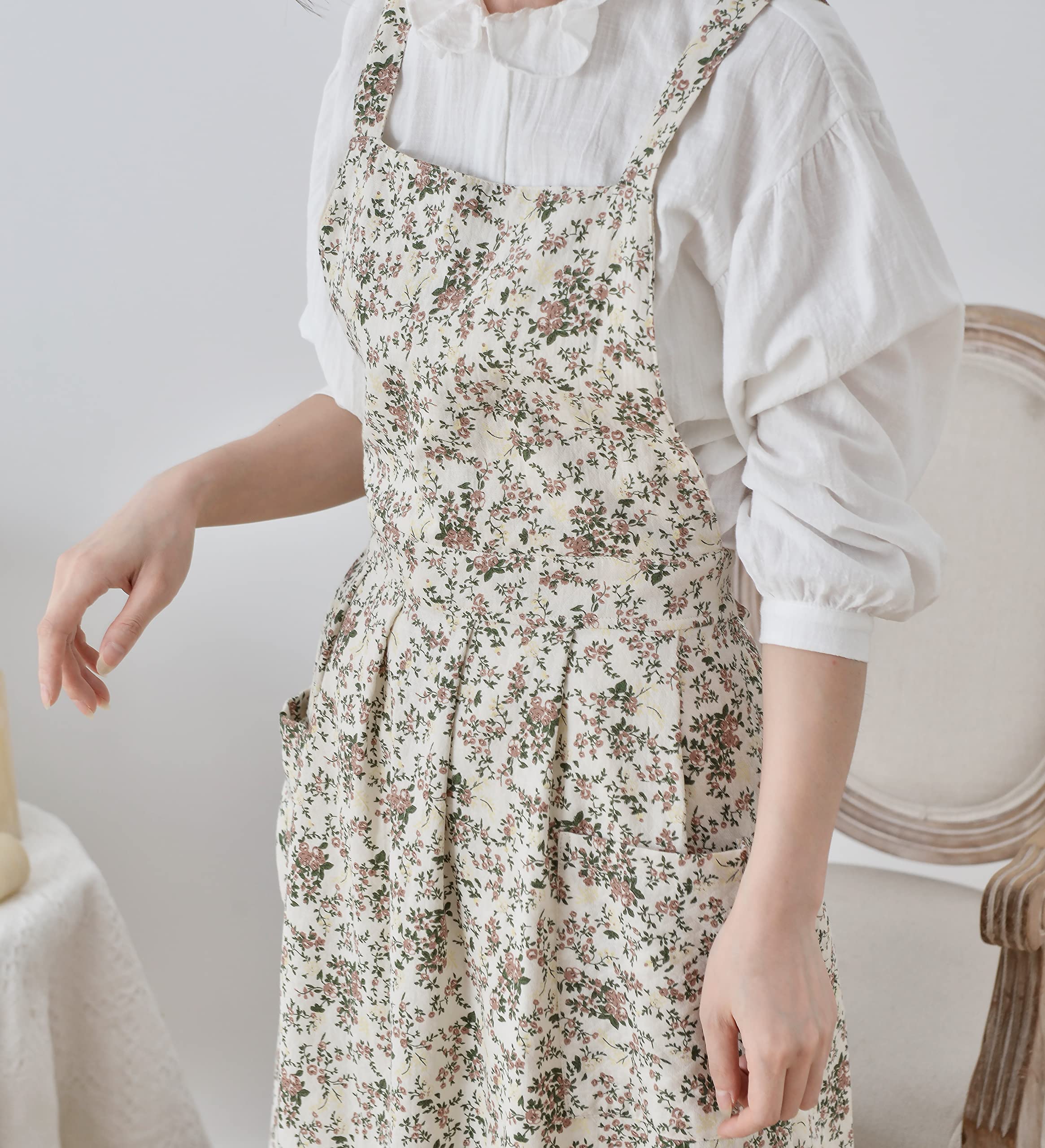 Qushy - Delantal de cocina de algodón floral impermeable para adultos, ajustable, para cocinar, hornear, jardín, chef, con bolsillo