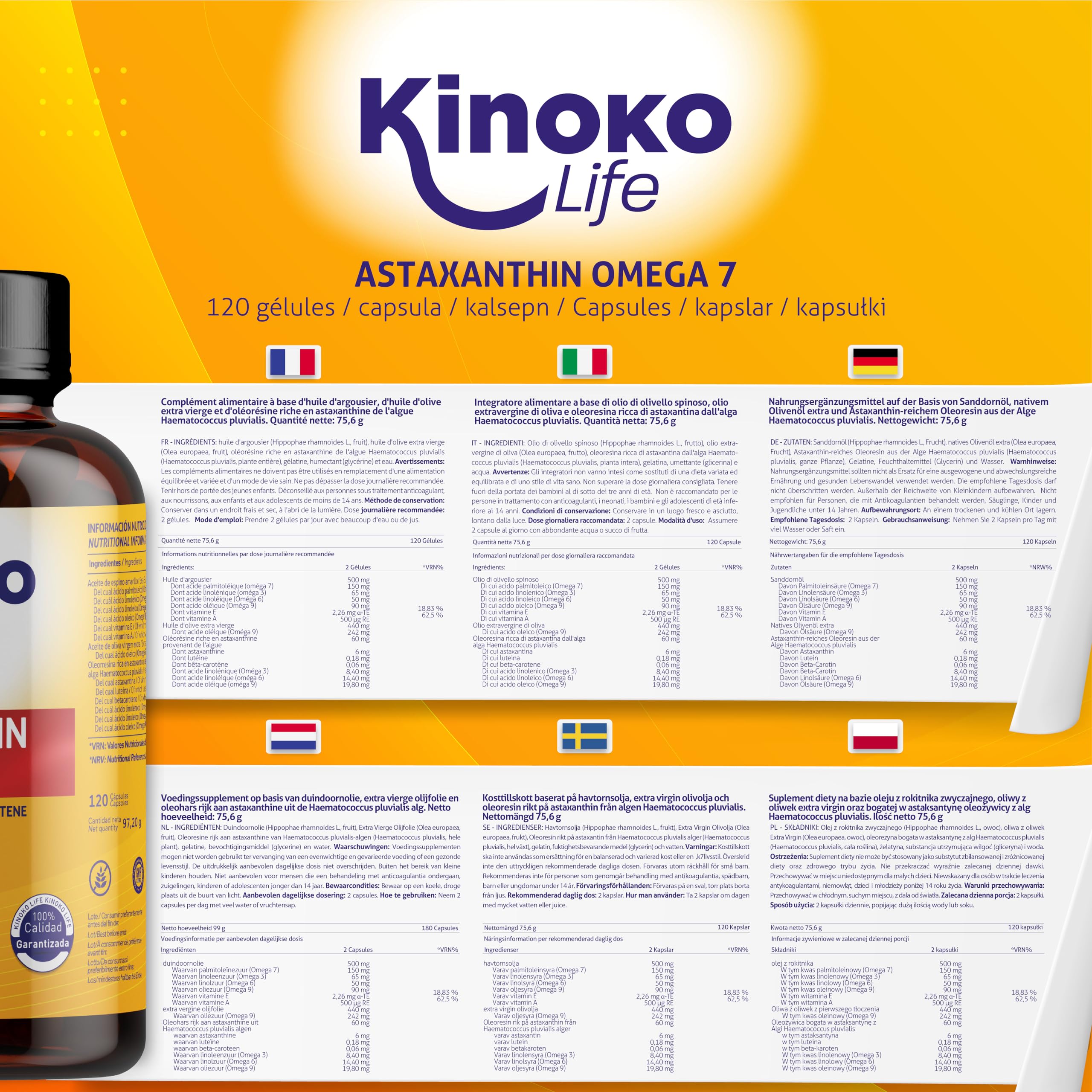 Astaxantina e Omega 7 dall'olio di olivello spinoso - 120 capsule con Omega 3, 6, 7, 9, luteina, betacarotene, vitamine E e A. Senza glutine. Senza OGM