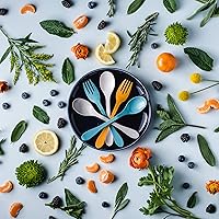 Vista 4 de Knork Eco Astrik - Juego de utensilios reutilizables compostables a base de plantas con funda de transporte, naranja, azul, blanco y gris, juego