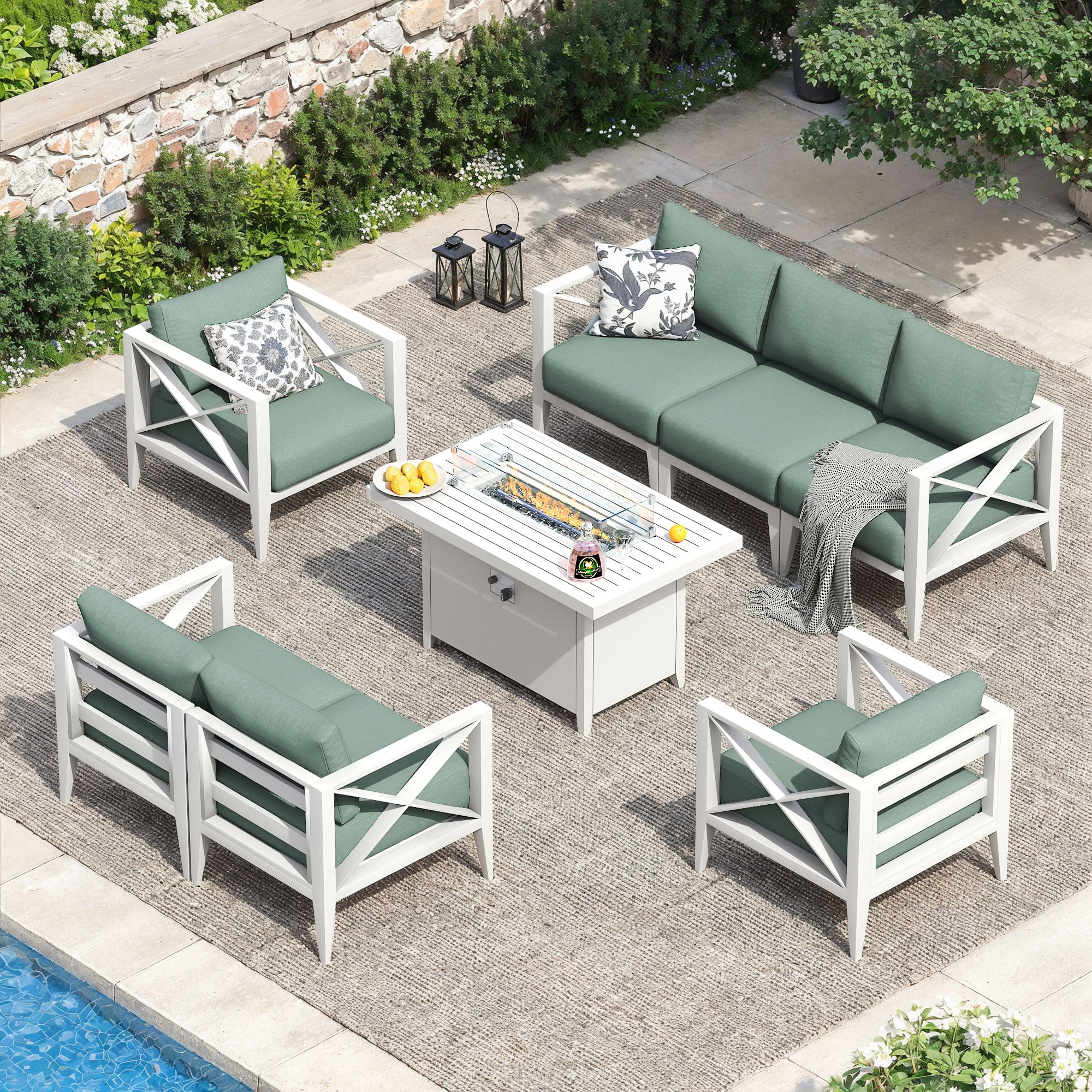 MAISON BACKYARDS 8-Piece Oversized Aluminum Patio Furniture Set with Fire Pit Table, Coffee Table & Weather-Resistant Outdoor Sofa — Luxe Outdoor