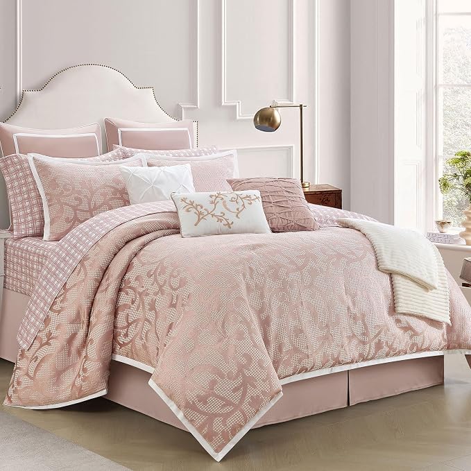 Blush Queen Comforter Set, Classic Jacquard Floral 14 Pieces Bedding Set, Ultra Soft for All Seasons, Sheets, Bedskirt, Throw, Matching Shams and Decor Pillows