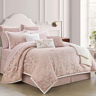 LANCO MODERN LIFESTYLE Blush Queen Comforter Set, Classic Jacquard Floral 14 Pieces Bedding Set, Ultra Soft for All Seasons, Sheets, Bedskirt, Throw, Matching Shams and Decor Pillows