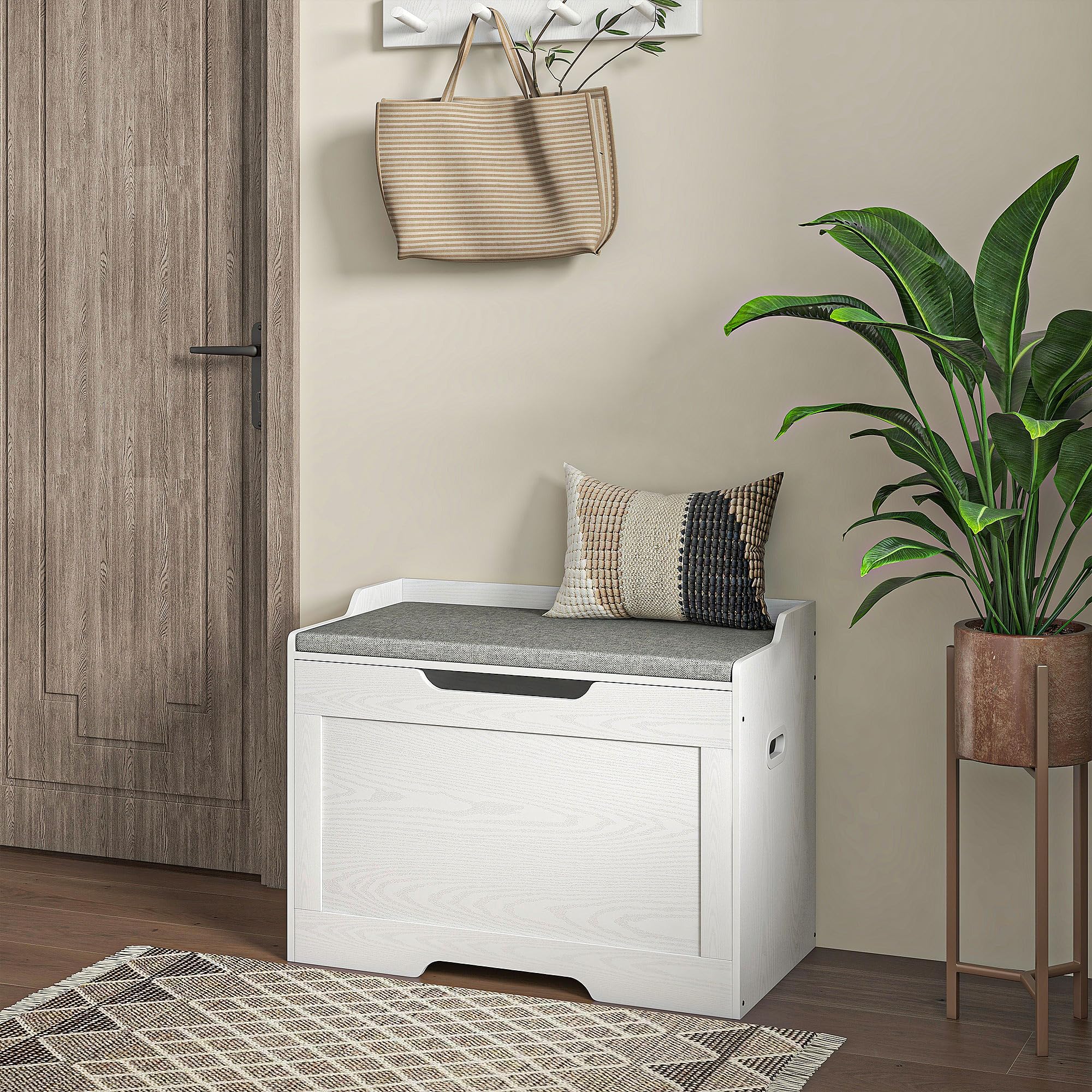 HOMCOM Baúl de 103 litros con tapa, asiento, baúl con espacio de almacenamiento, cojín de asiento extraíble, para salón, dormitorio, blanco