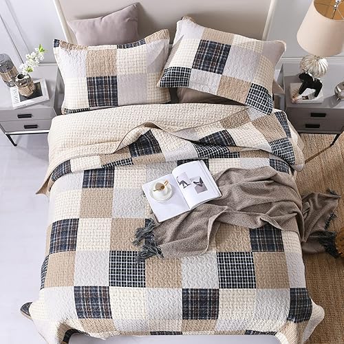 Vista 35 de PANGUSHAN Juego de edredón tamaño Queen, juego de ropa de cama 100% algodón, colcha de retazos a cuadros, reversible, ligero, colcha para cama Azul