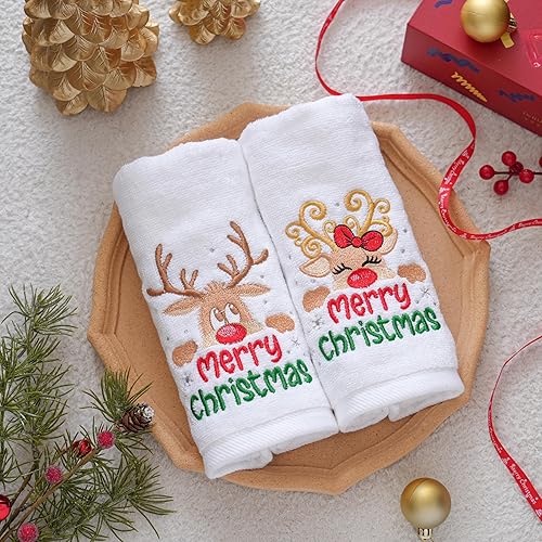 Vista 18 de Paquete de 2 toallas de mano de Navidad, 100% algodón, 100% algodón, para decoración de baño y cocina, toallas de mano navideñas con lazo rojo Red