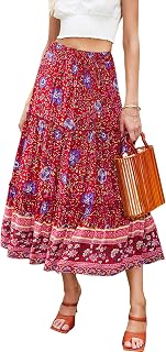 Women's Floral Midi Skirts Elastic High Waist A-Line Swing Skirts