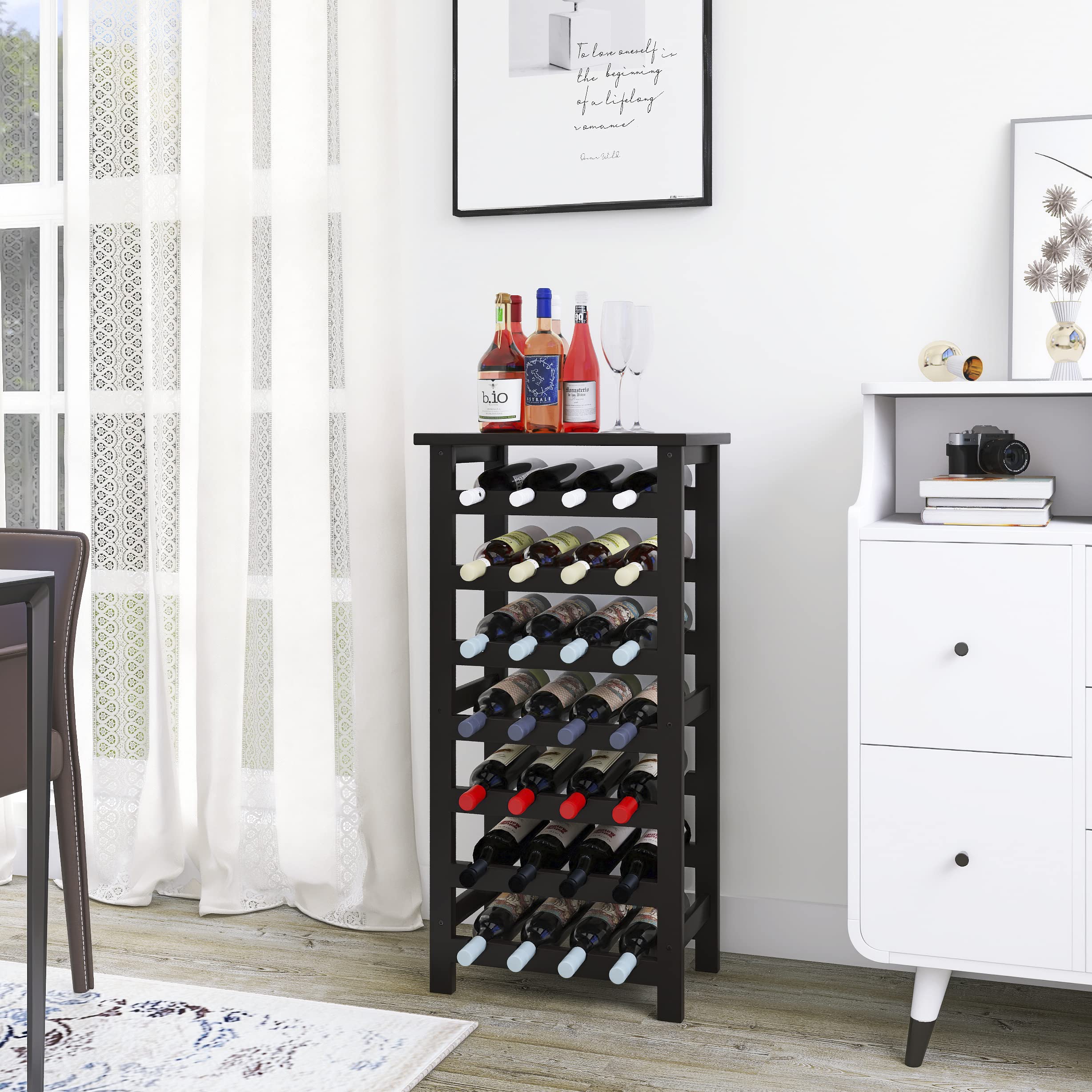SMIBUY Botellero de bambú, Soporte para 28 Botellas con Parte Superior de Mesa, estantes de Almacenamiento Independientes de 7 Niveles para Cocina, despensa, Bodega, Bar (Negro)