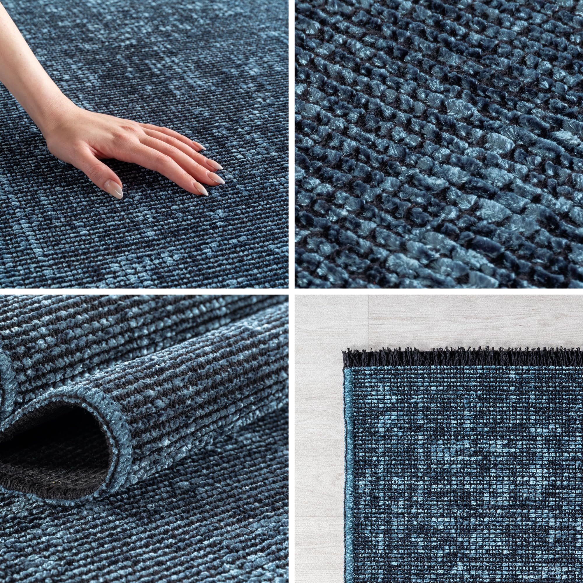 Carpettex, Chenille Teppich Baumwolle Läufer Blau 80x150 cm Waschbar, Boho-Stil, Kurzflor, Vintage Kelim, Weich & rutschfest, Einfarbig, Für Küche, Flur & Schlafzimmer