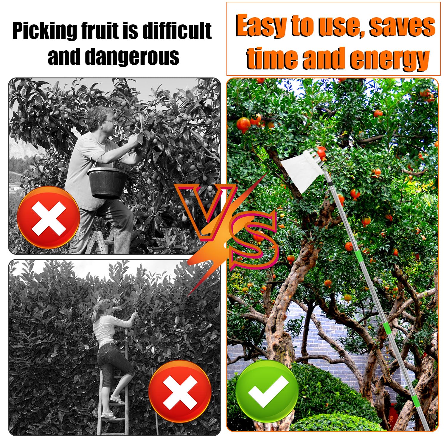 XIHIRCD Raccogli Frutta con Palo, Raccoglitore di Frutta Strumento Raccoglifrutta Regolabile con Cestello Telescopico in Acciaio Inox per Raccogliere Alberi di Mele Albicocche Mango Lime Nettarine