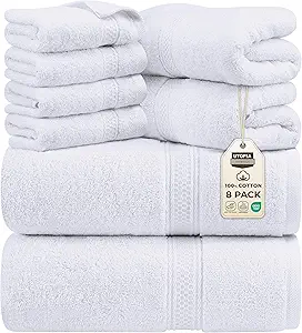 Utopia Towels 8 Piece Premium Towel Set, 2 Bath, 2 Hand, and 4 Wash Cloths, 600 GSM 100% Ring Spun Cotton, Highly Absorbent Towels for Bathroom, Gym, Hotel, and Spa, White