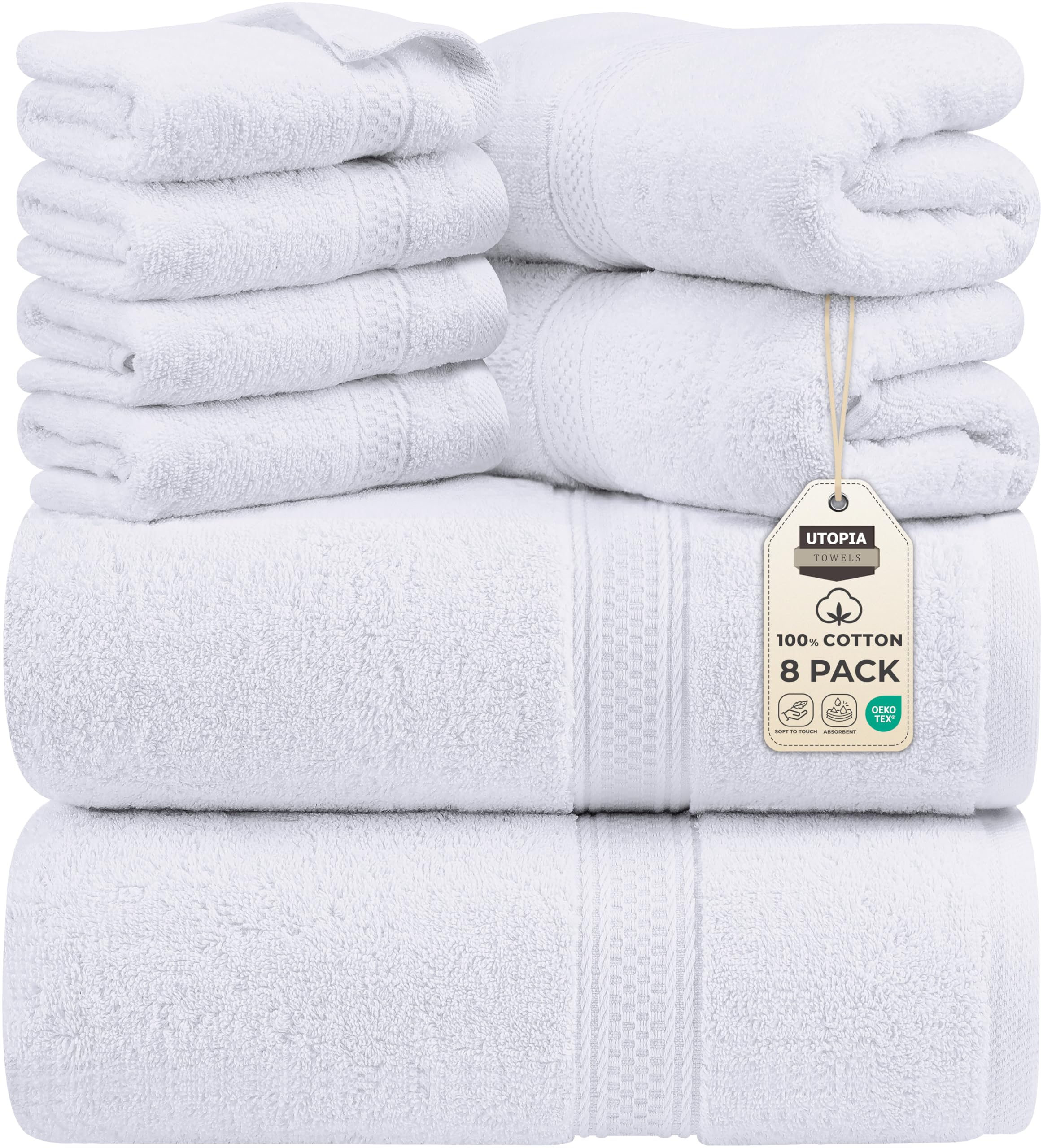 Utopia Towels 8 Piece Towel Set - 2 Bath Towels, 2 Hand Towels and 4 Washcloths Cotton Hotel Quality Super Soft and Highly Absorbent (White)