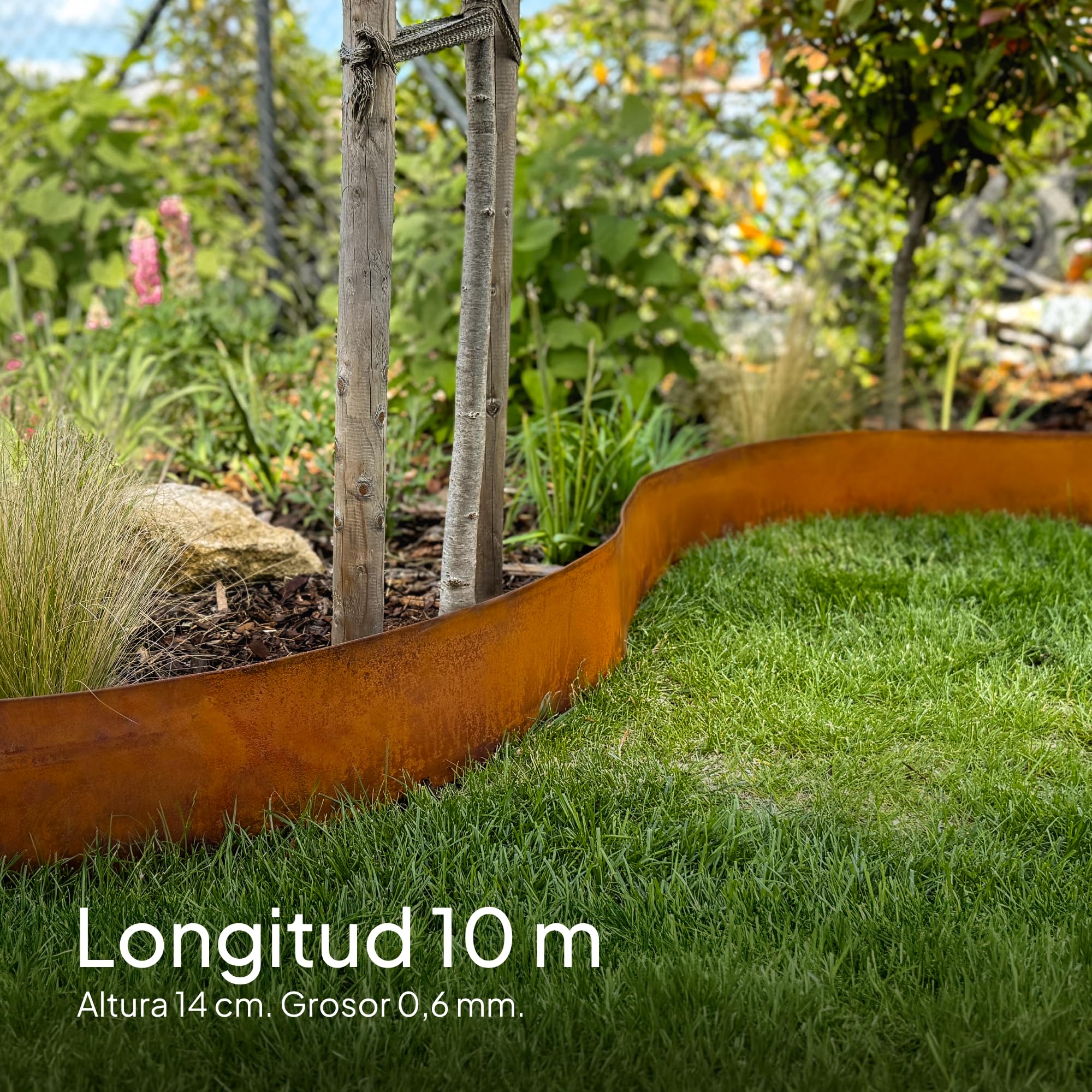 UNIGARDIA Bordura Acero Corten 10 m - Borduras Jardin Metálica de 14 cm de Altura - Fácil de Instalar - Separador Jardin Exterior con Pátina de Oxido, Incluye 1 Par de Guantes