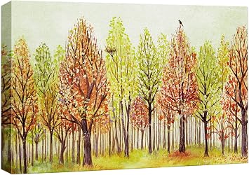 wall26 Canvas Print Wall Art Green & Red Autumn Forest with Birds Nature Wilderness Watercolor Modern Art Rustic Scenic Colorful Multicolor Cool Zen for Living Room, Bedroom, Office - 32"x48"