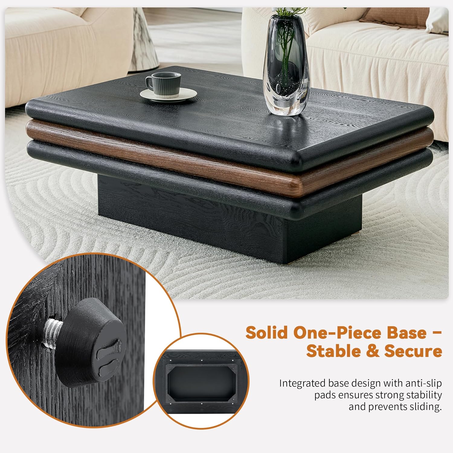 3-Tier Stacked Rectangular Coffee Table for Living Room, Modern Wood Coffee Table with Two-Tone Style Finish, Low Profile Center Table with Rounded Edges, Mid Century Modern Accent Table