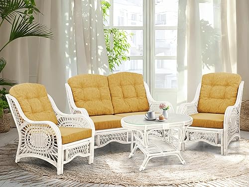 Malibu Lounge Set of 4: 2 Natural Rattan Wicker Chairs,