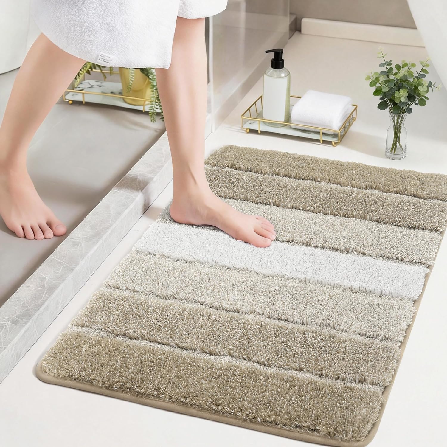 COSY HOMEER Bathroom Rugs 36"x24", Ultra Soft Absorbent Bath Mat with Non-Slip TPR Backing, Machine Washable Shaggy Rug for Bathroom Floor, Beige
