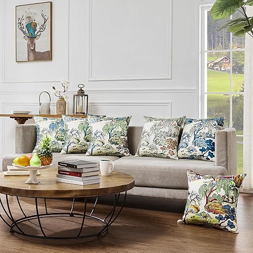 Miniatura 6 de Juego de 2 fundas de almohada Chinoiserie de 18 x 18 pulgadas, fundas de almohada de lino con diseño escénico asiático azul y verde, fundas de cojín