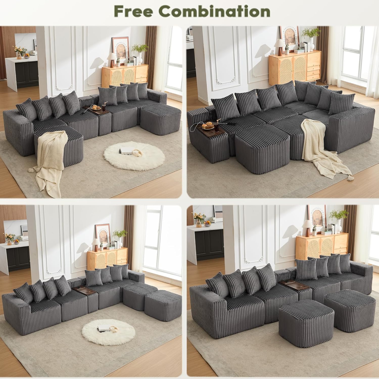 Oversized Cloud Modular Sectional Sofa Boneless Couch with Movable Ottomans,Free Combination Memory Foam Floor Couch with Charging Port & Cup Holders for Living Room | Coffee Table Board, Wireless Charge, No Assembly