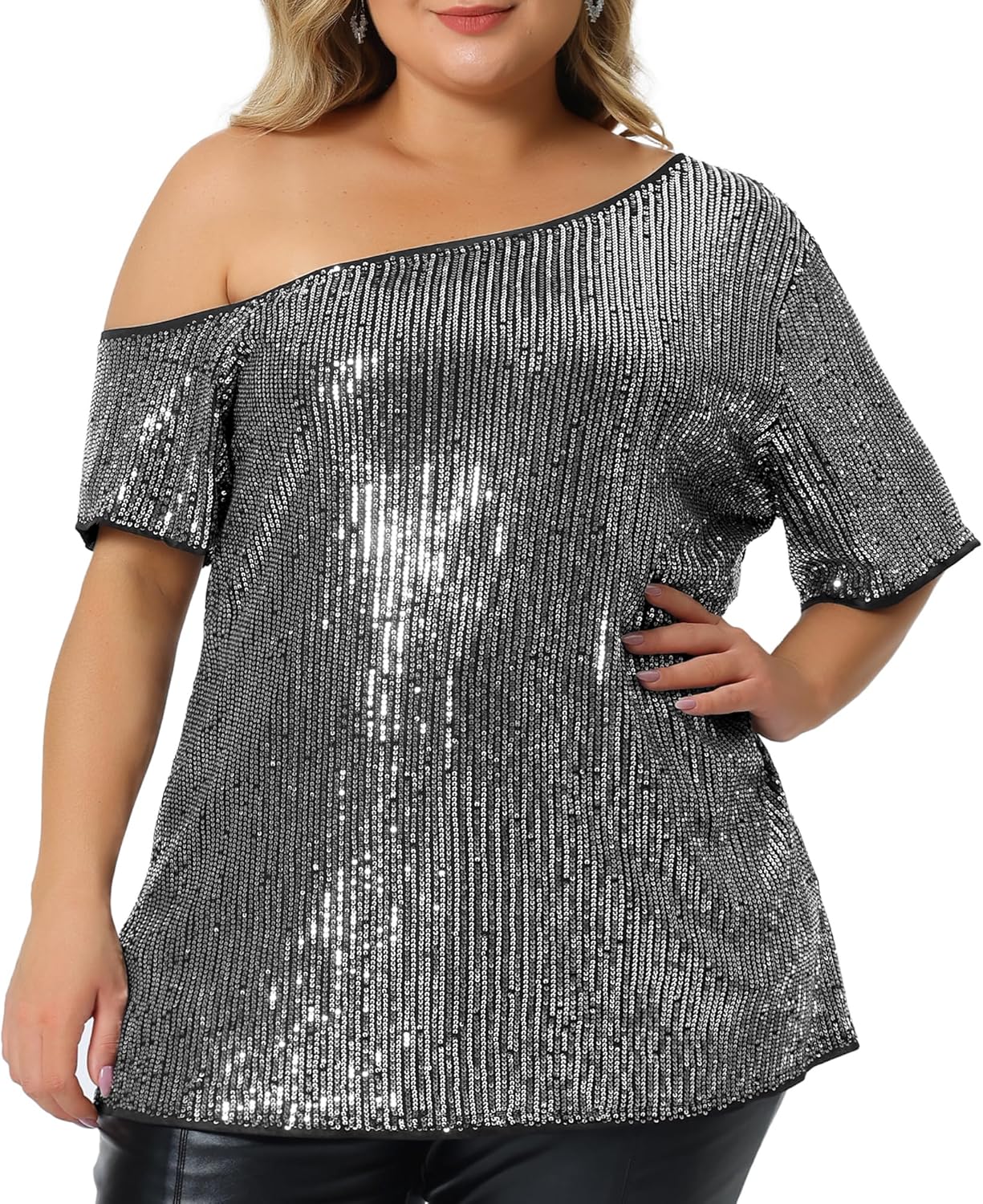 Agnes Orinda Plus Size Tops for Women One Shoulder Short Sleeve Metallic Blouses Party Sequin Tops - Image 2