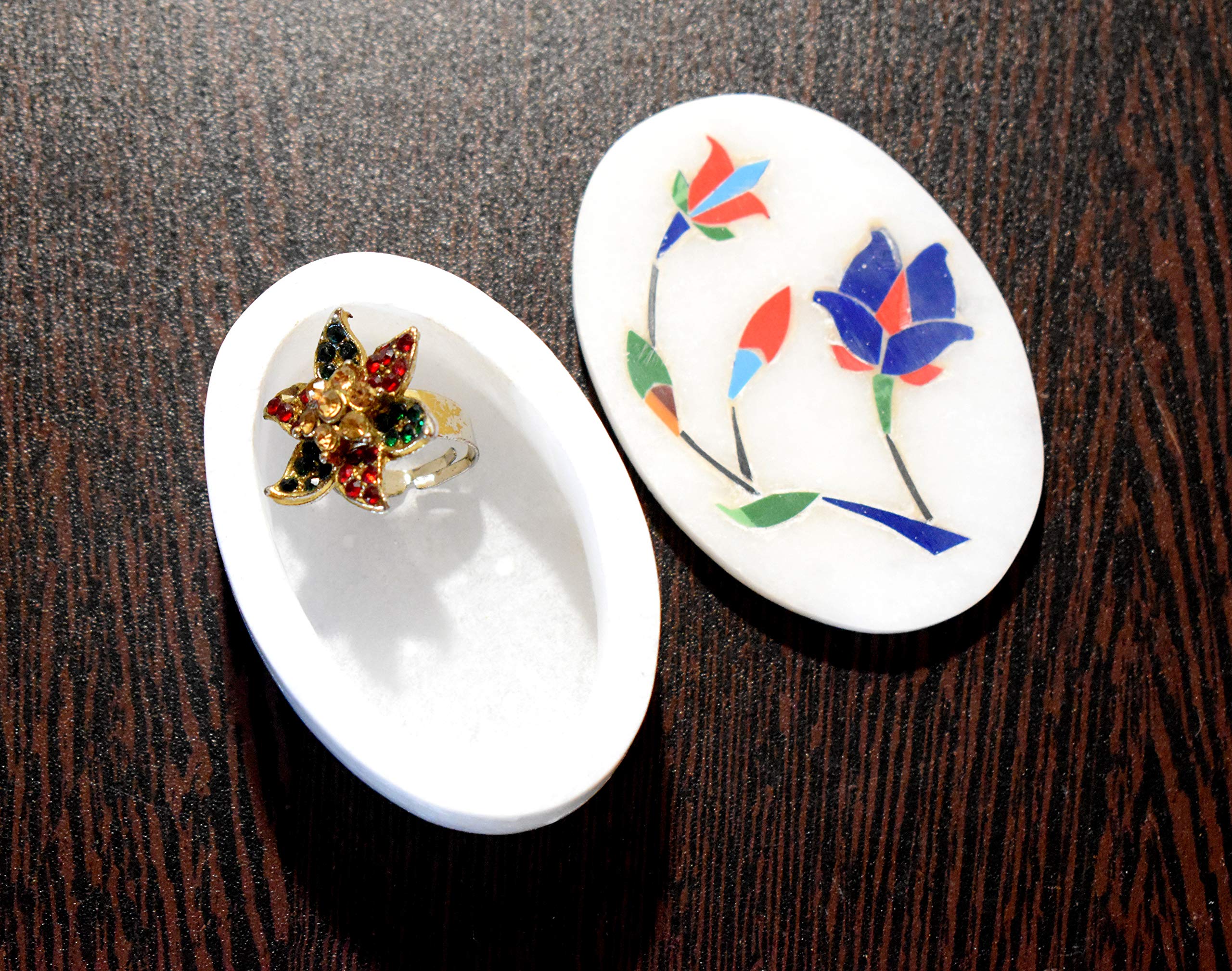 MARBOGLASS India Marble Inlay Work Jewellery Box for Small Precious Rings 3X 2 inch Oval Shaped-image-30