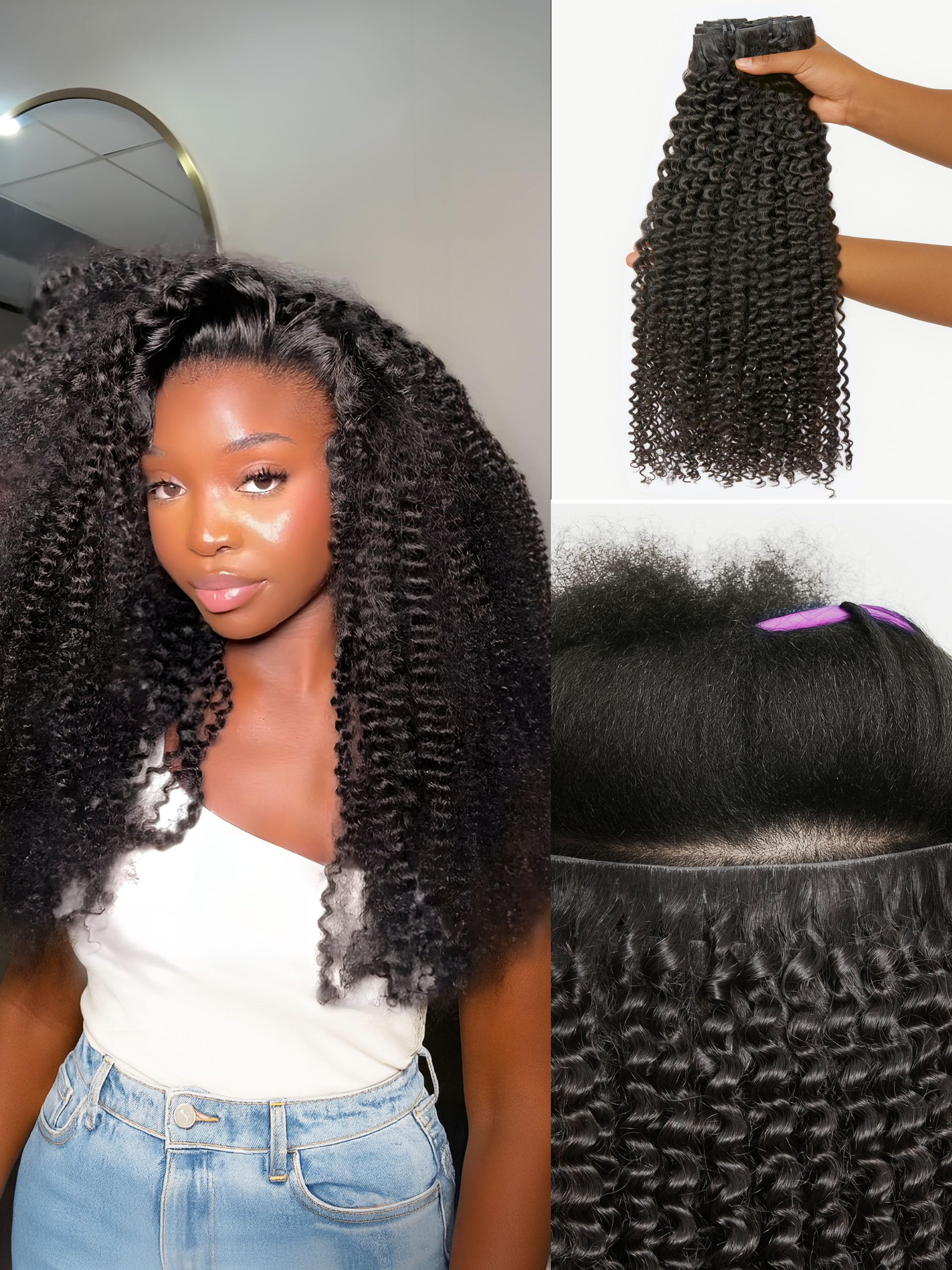 LUVME Invisible Clip ins Hair Extensions Deep Kinky Curly Real Human Hair Remy Hair Clip ins for Women, Natural Human Hair,16 inch 2 Pack 220g 12Pcs,