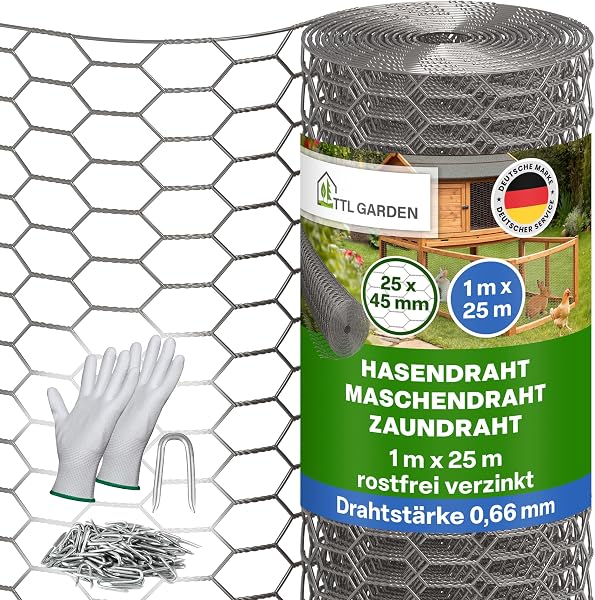 TTL GARDEN 1x25m Hasendraht 25x45mm Masche rostfrei verzinkt - 0,66mm Draht Stärke Rolle feinmaschig Drahtgitter Kaninchendraht Zaun Gitter Maschendrahtzaun 25m x 1m breit silber - 1