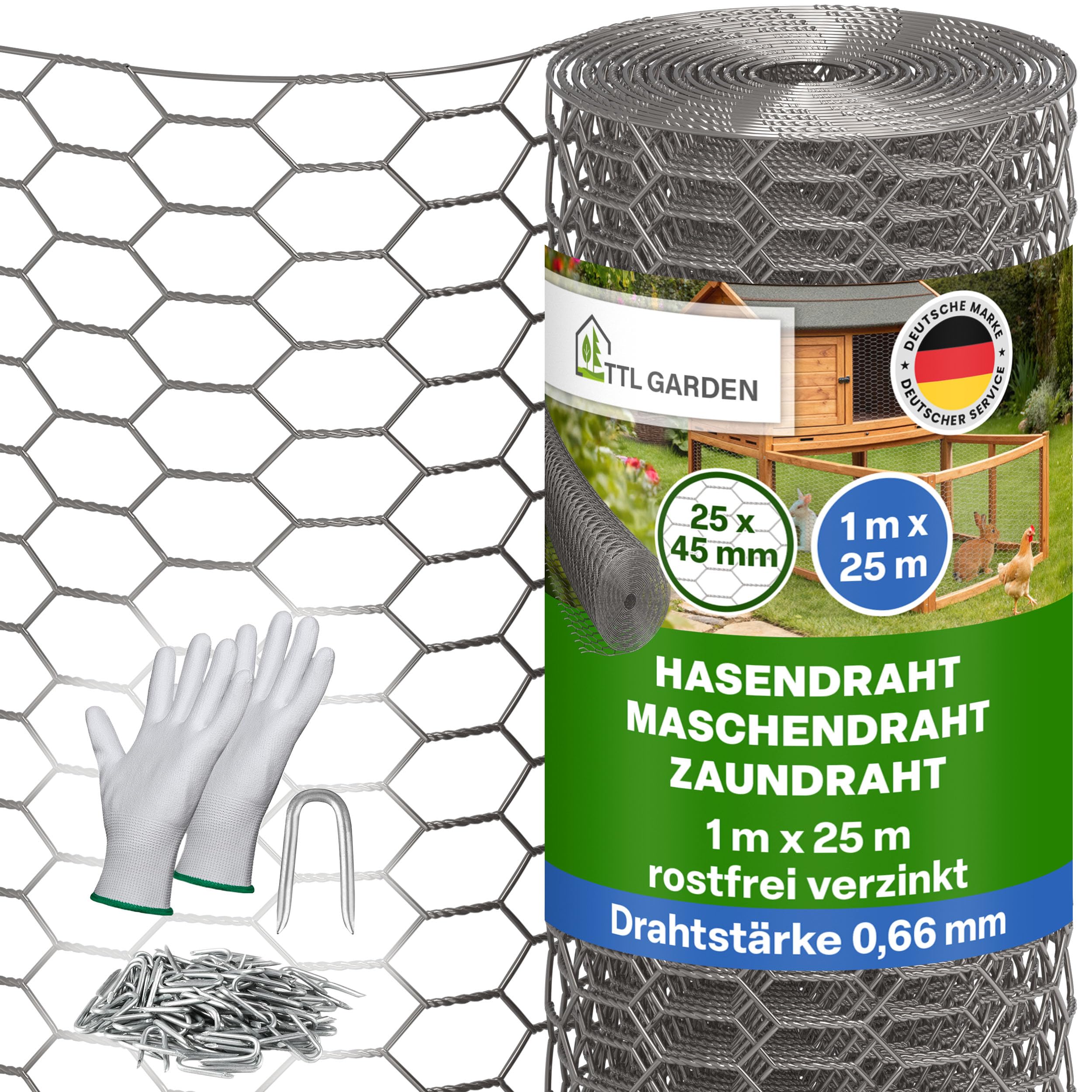 TTL GARDEN 1x25m Hasendraht 25x45mm Masche rostfrei verzinkt - 0,66mm Draht Stärke Rolle feinmaschig Drahtgitter Kaninchendraht Zaun Gitter Maschendrahtzaun 25m x 1m breit silber