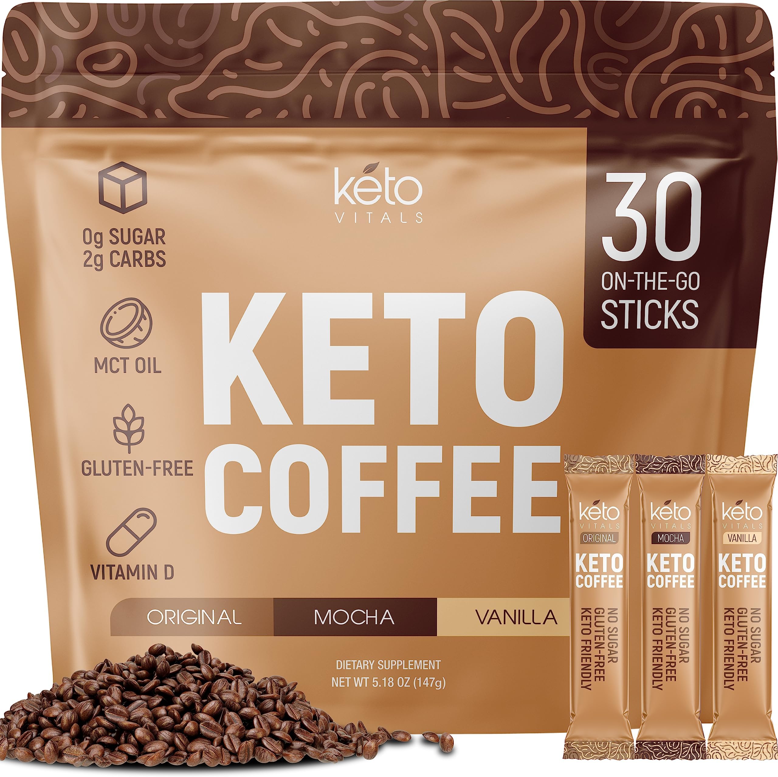 Keto Vitals Instant Keto Coffee Powder with MCT Oil & Vitamins - Low-Calories, Low-Carb, No Artificial Sweeteners – Energy & Metabolism Support – 30 Single-Serve Sticks (Original, Vanilla & Mocha)