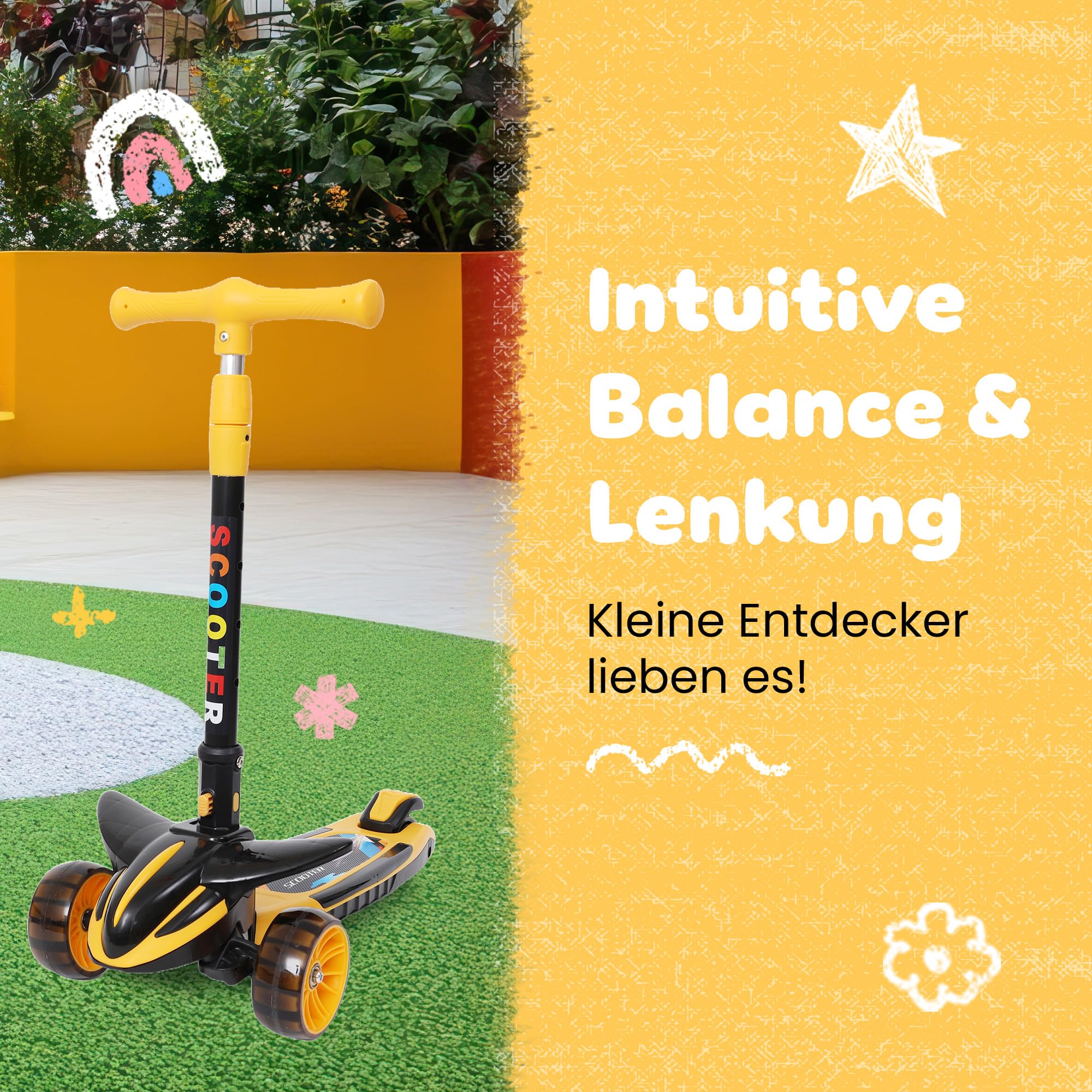 Habib Kinderroller 3 Rad – LED Leuchträder, klappbar, 4-Fach Höhenverstellbar, Tretroller für Jungen & Mädchen 3-8 Jahre (4 Farben)