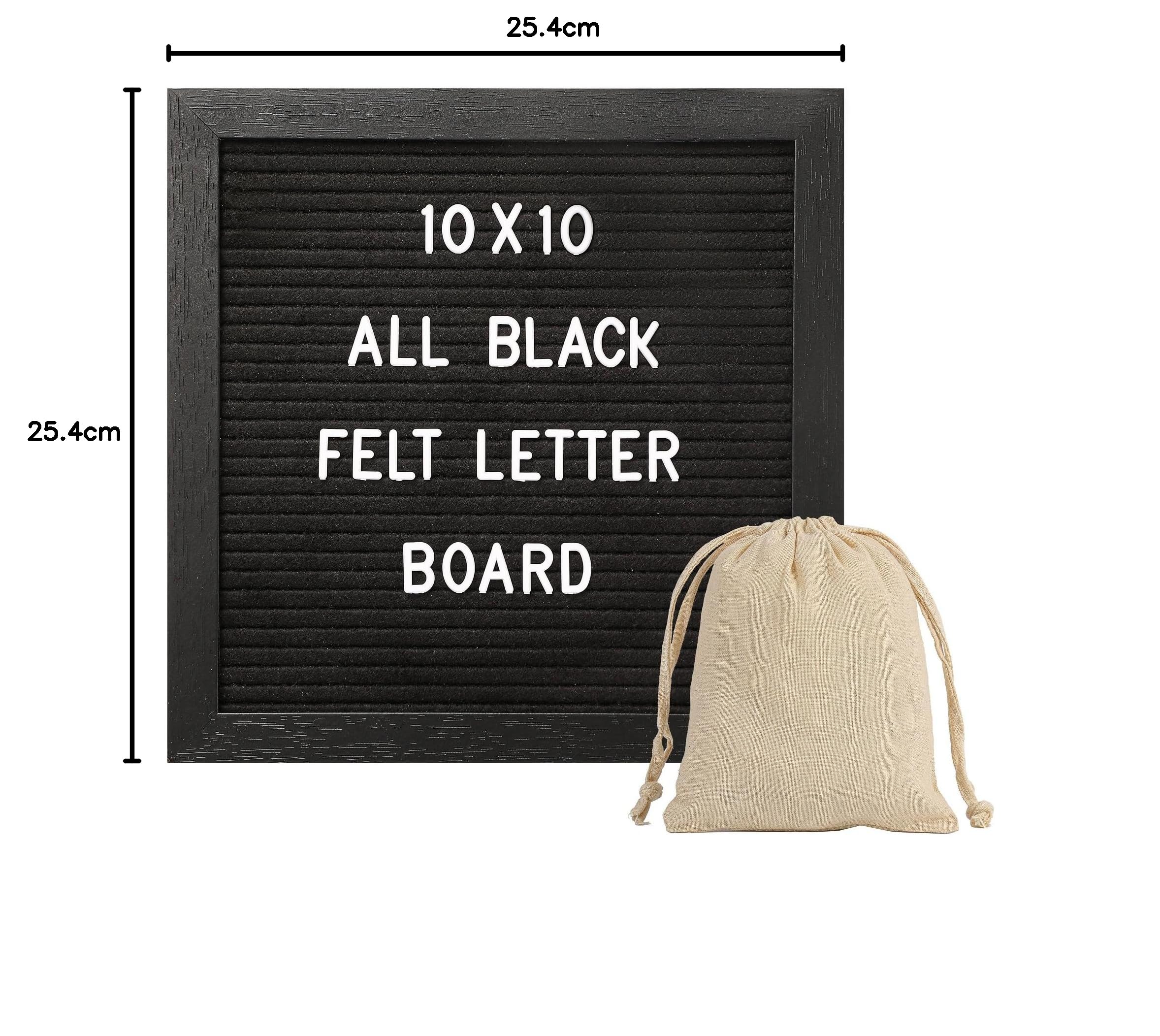 Schwarze Filz-Buchstabe mit 294 austauschbaren Buchstaben und Zahlen, 25,4 x 25,4 cm, schwarzer Rahmen mit Ständer und Leinentasche für Ankündigung und Benachrichtigung