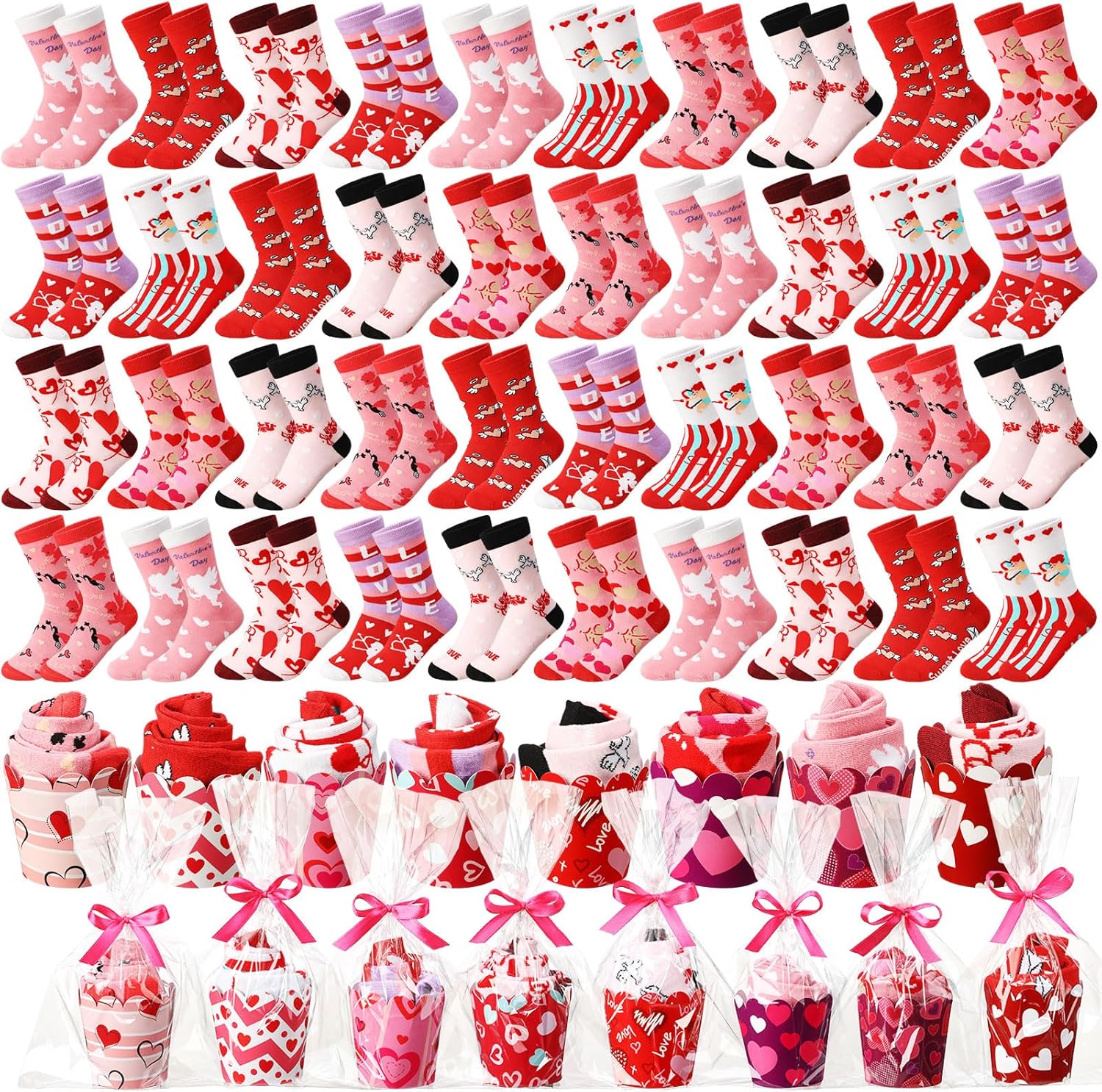 Foaincore 40 Packs Valentine's Day Cupcake Socks Gifts for Women Girls Angel Heart Print Cotton Mid-tube Socks Cute Valentine's Day Socks for Girlfriend Wife Mother's Day Her