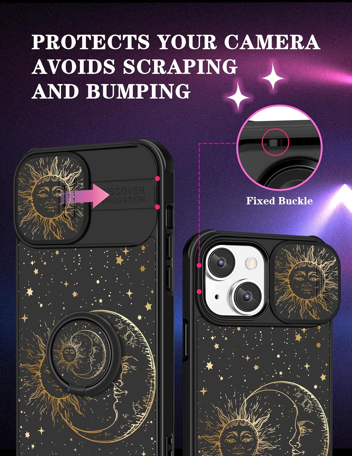 Goocrux (2in1 for iPhone 15 Plus Case Sun and Moon Women Girls Cute Cover Girly Stars Cool Space Unique Esthetic Design with Slide Camera Cover+Ring Stand Holder for iPhone 15 Plus Phone Case 6.7'' - Image 3