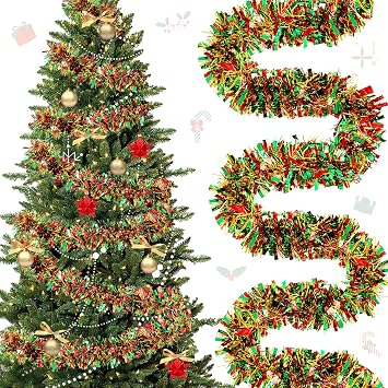 118 Feet Christmas Tinsel Garland Glitter Tinsel Twist Metallic Tree Shiny Hanging Ceiling Garland Decorations for Indoor Outdoor Holiday PartyRed Green Gold