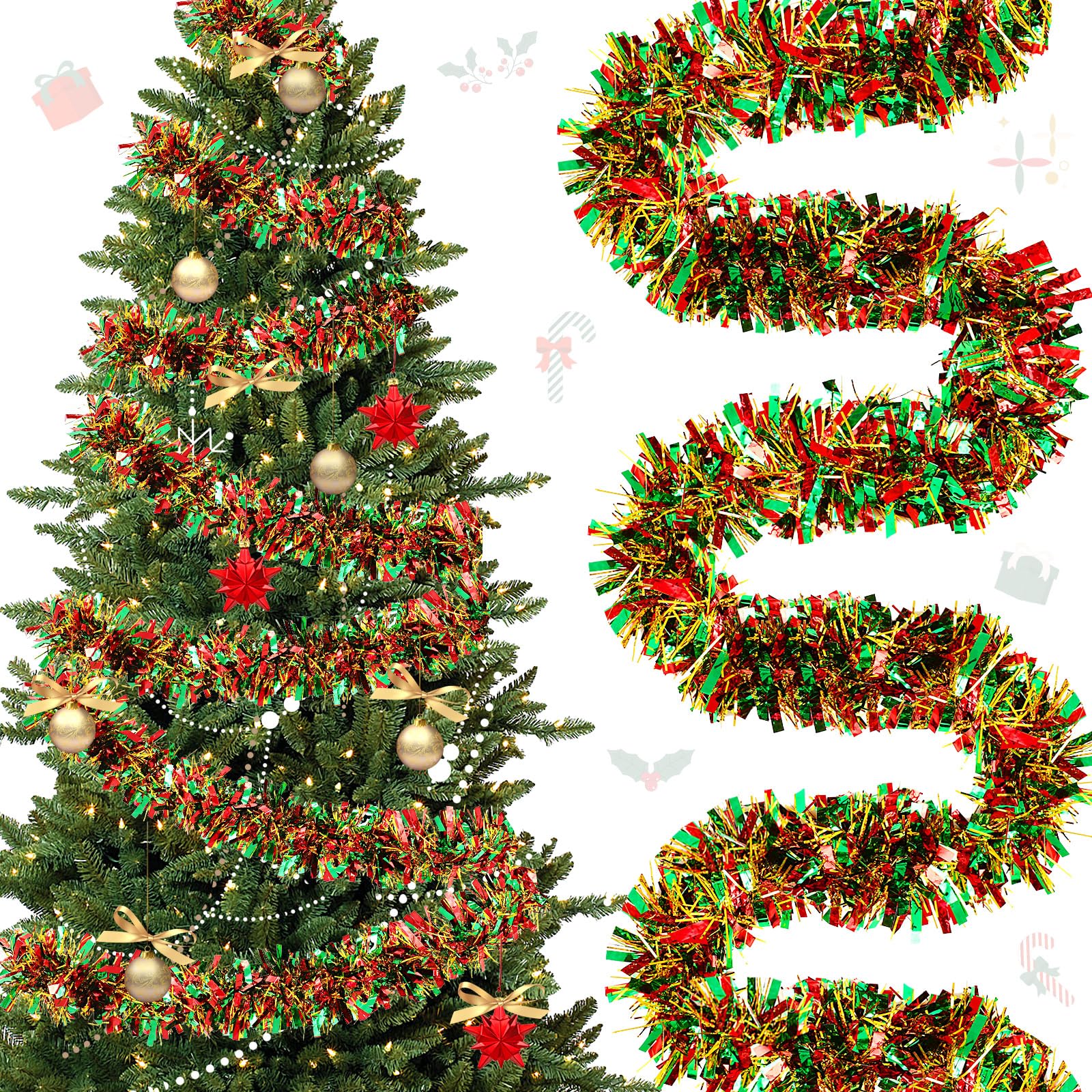 118 Feet Christmas Tinsel Garland Glitter Tinsel Twist Metallic Tree Shiny Hanging Ceiling Garland Decorations for Indoor Outdoor Holiday Party(Red Green Gold)