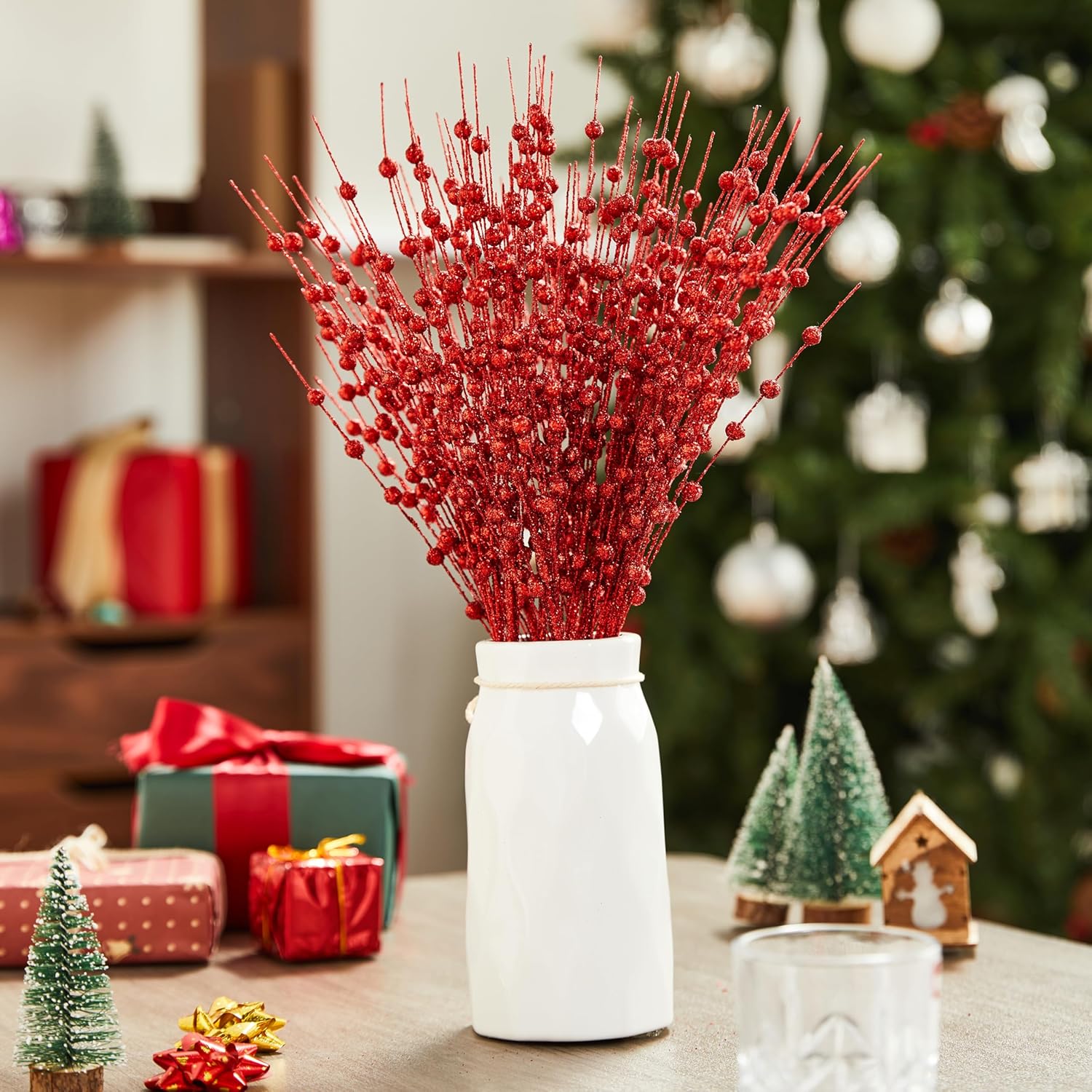 Joiedomi 12 Pcs Red Christmas Glitter Berry Stem Ornaments, Christmas Decorative Bead Sticks, 17” Artificial Glitter Twigs for Xmas Tree Decor, Wreath DIY Crafts, Holiday Party Supplies Wedding Decor