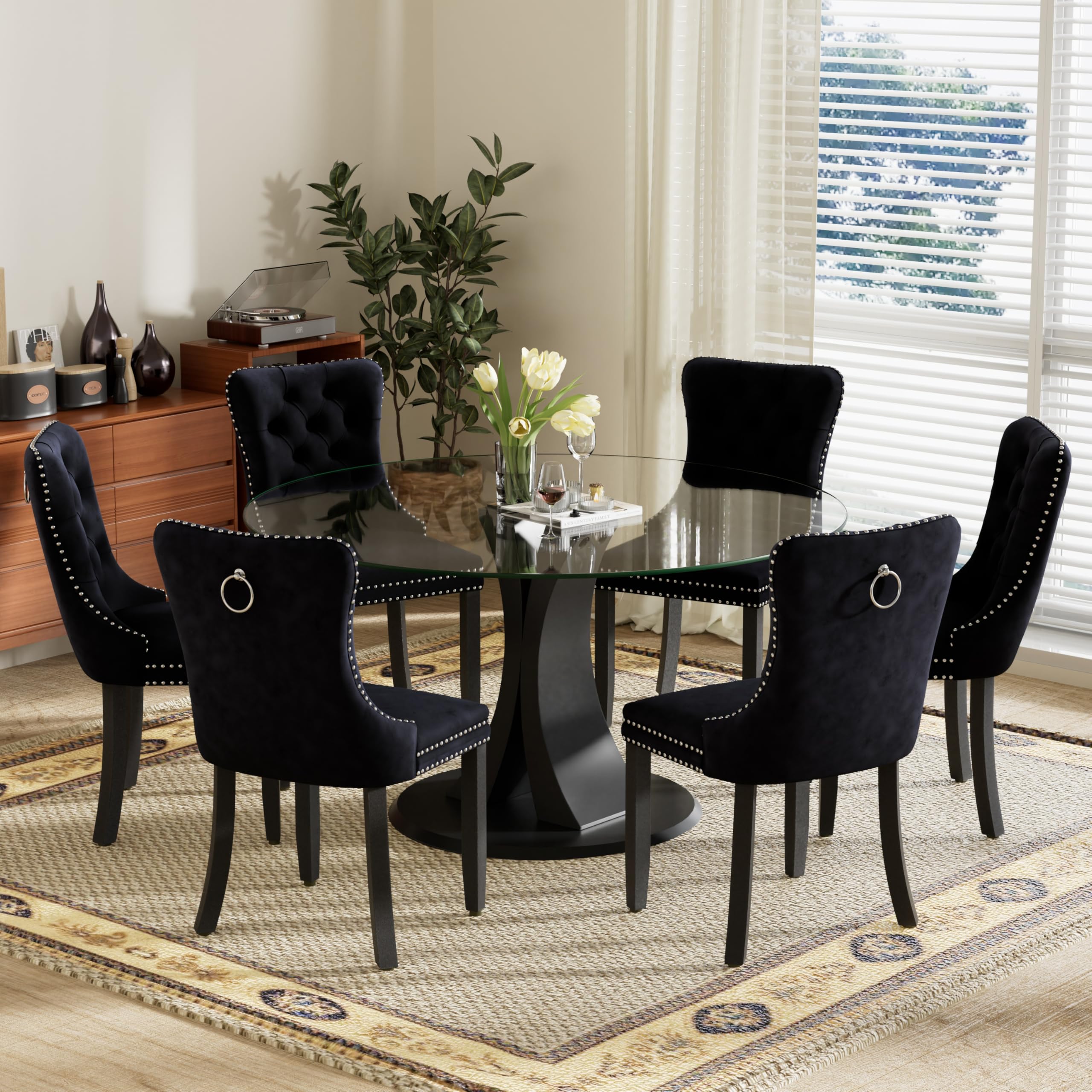 SIZOTA tempered glass dining table set with 6 velvet upholstered chairs