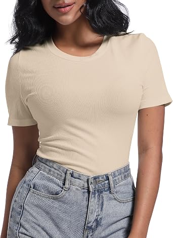 Womens Ribbed Fitted Short Sleeves Summer Crew Neck T Shirt