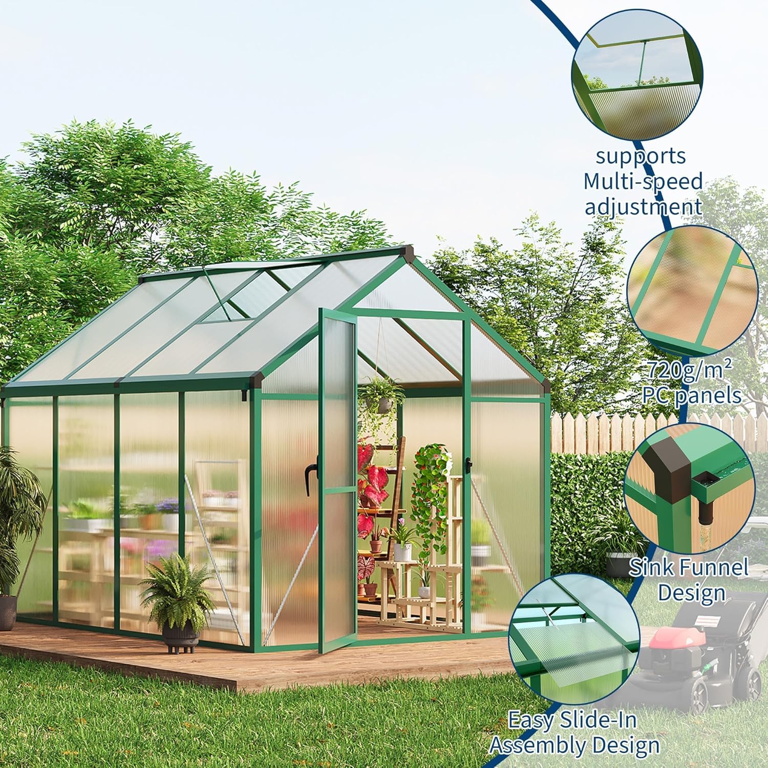 6X8 FT Greenhouse for Outdoors, Polycarbonate Flower Greenhouse with Roof Vent, Push-Pull Lockable Door, Aluminum Walk-in Greenhouses for Outside Garden Backyard, Patio, Lawn, Green