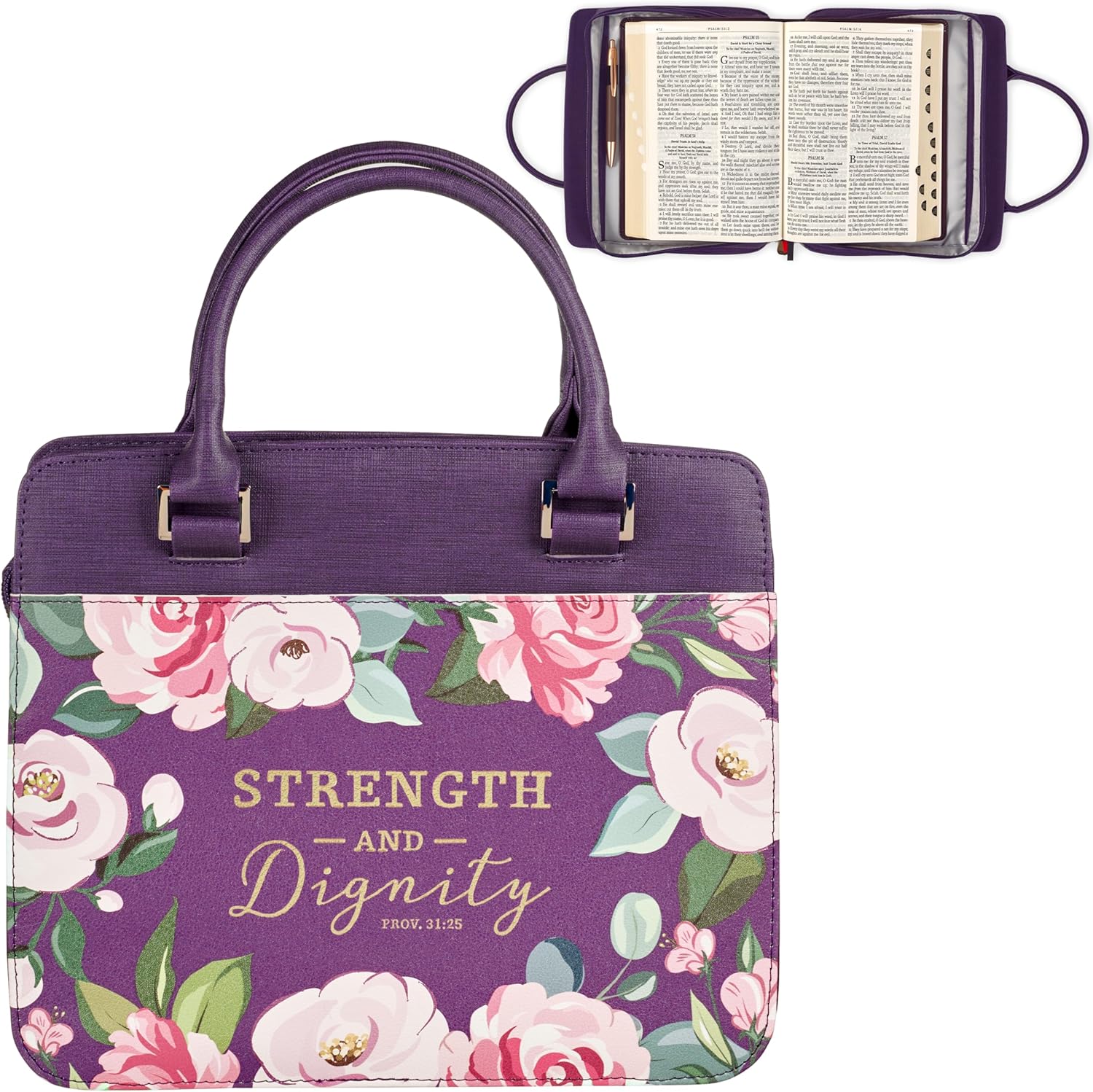 Christian Art Gifts Fashion Vegan Leather Purse Style Bible Cover for Women: Strength & Dignity Gold Inspirational Bible Verse, Sturdy Easy Carry Handles, Pen Loop, Slip Pockets, Purple Floral, Large