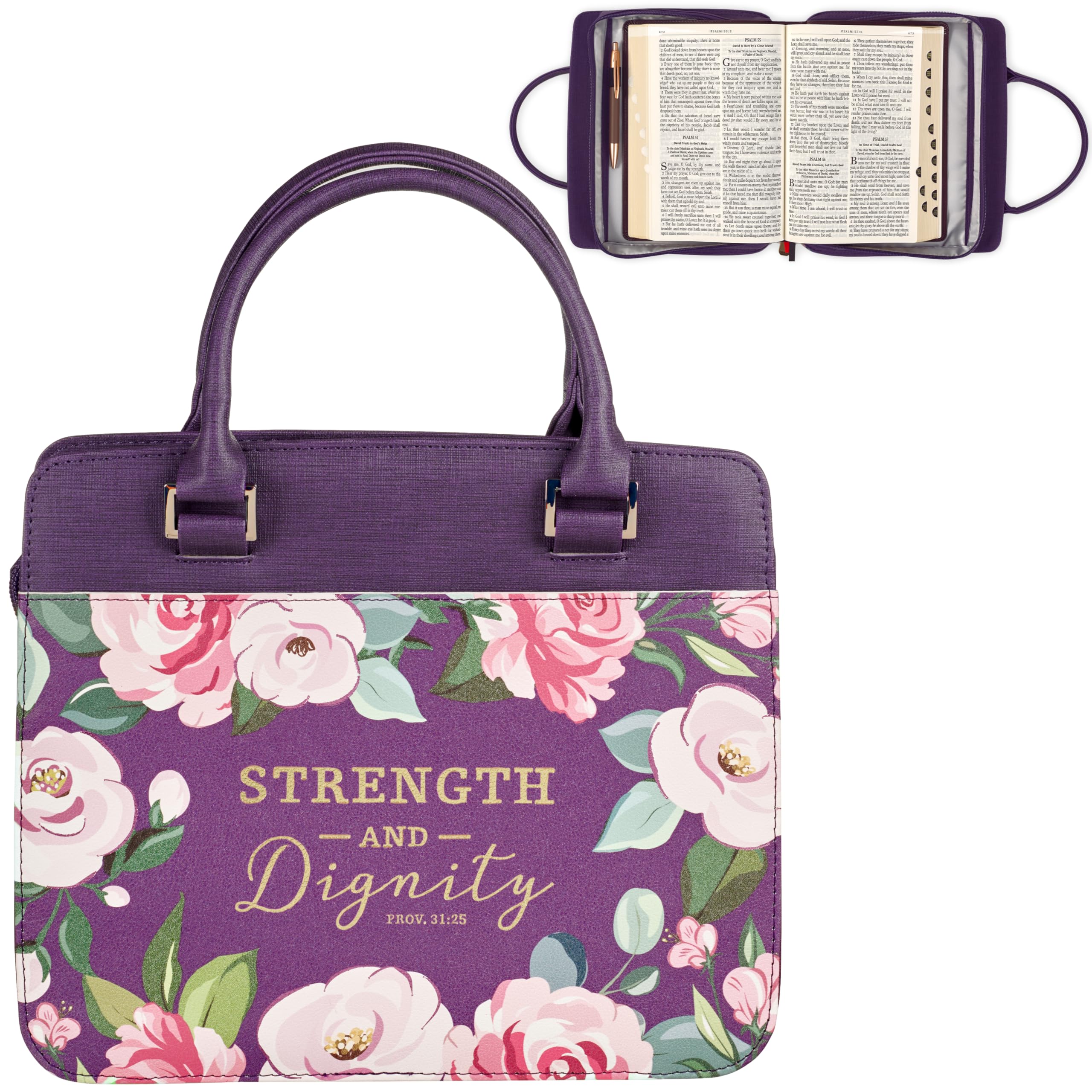 Christian Art Gifts Funda de piel vegana de moda para mujer, versículo bíblico de fuerza y dignidad, diseño floral morado, Floral púrpura, Large